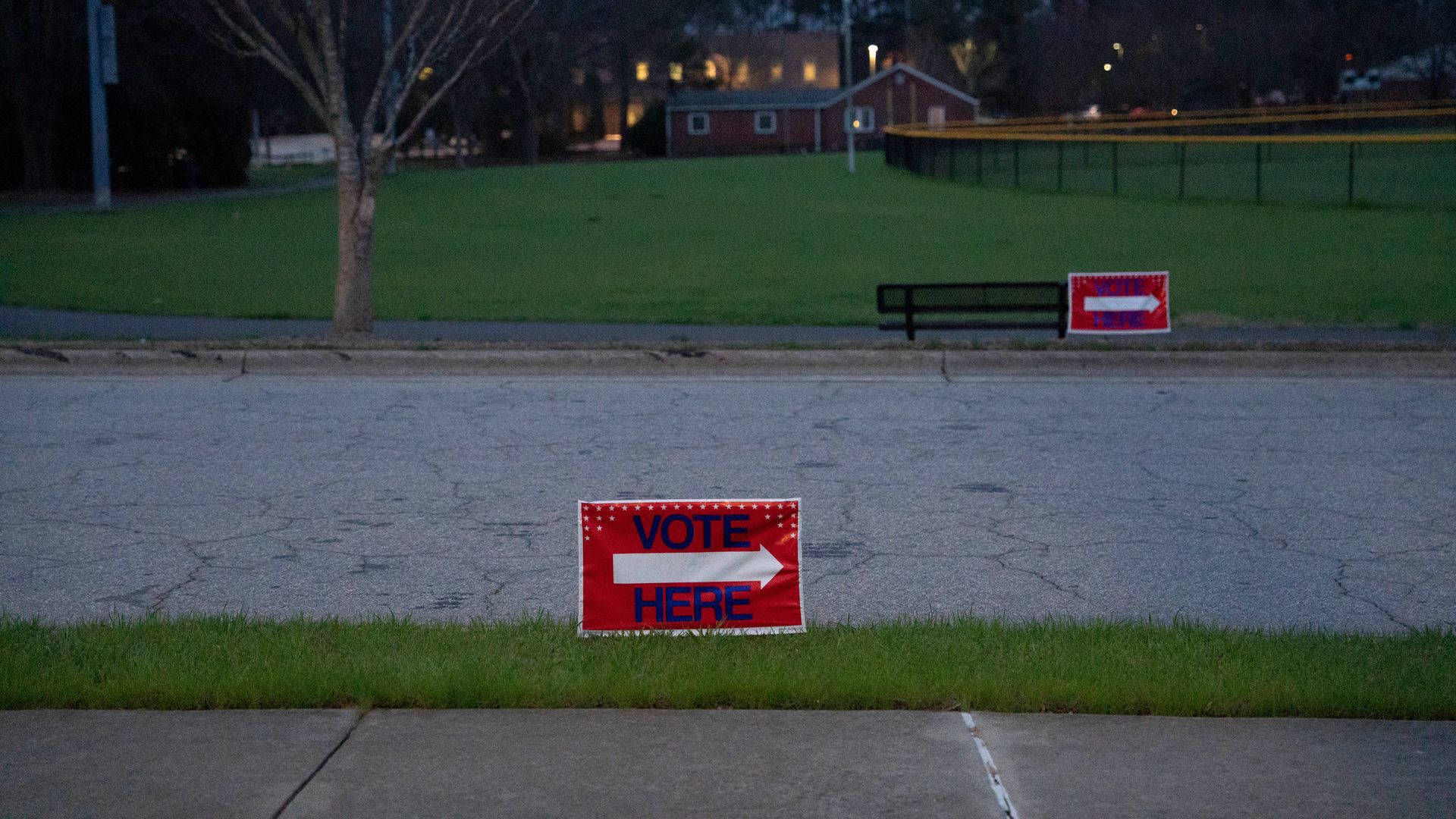 A red "Vote Here" sign in Fuquay-Varina, North Carolina