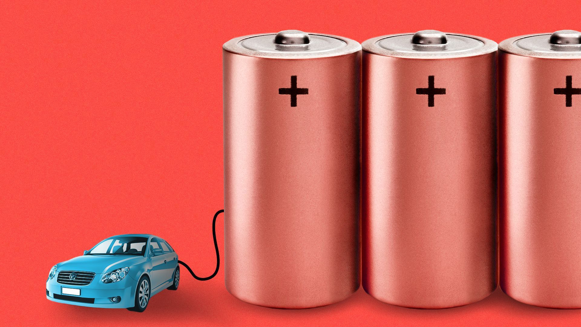 Illustration of an electric car plugged into giant-size batteries. 