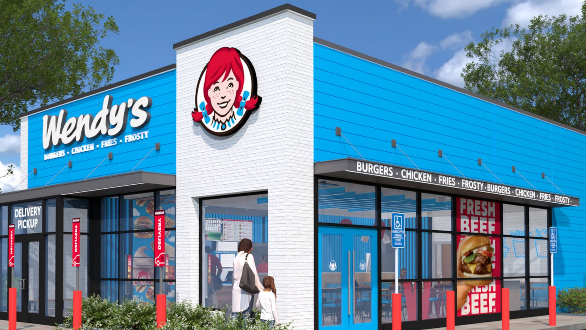 Wendy's fast-food restaurant with a bright blue exterior, white brick column, the Wendy's logo, a mom and child walking to the entrance, red bollards, and signs for burgers and "Fresh Beef".