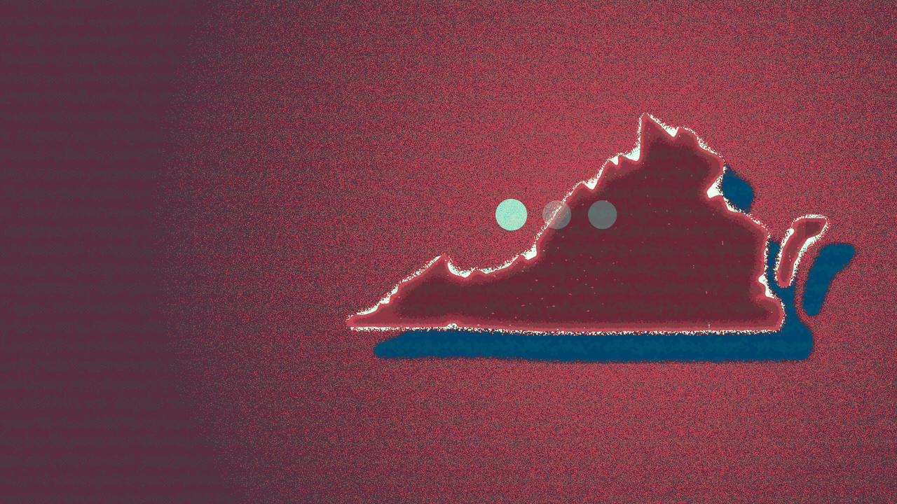 Animated illustration of the state of Virginia glitching, with an ellipsis cycling through its dots on top of it.