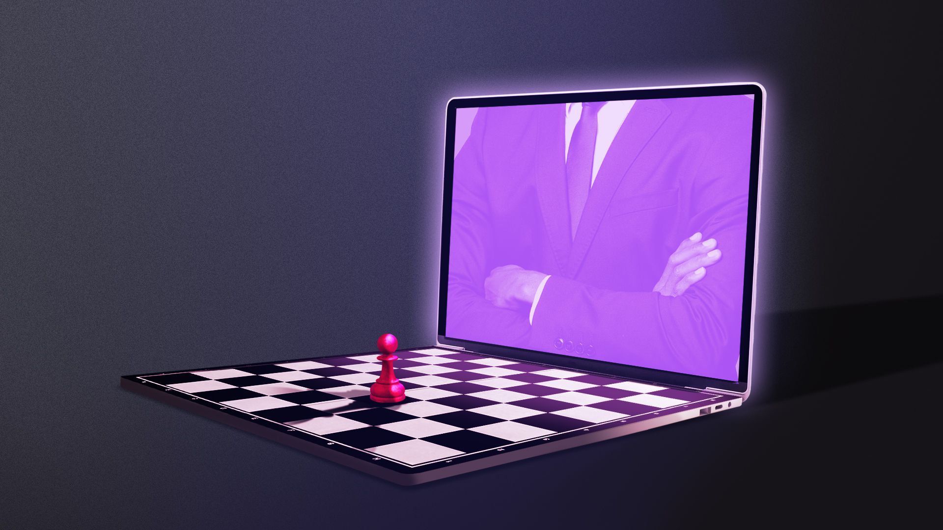 Illustration of a laptop featuring a chessboard keyboard with a single pawn on it and a man with arms crossed on the screen