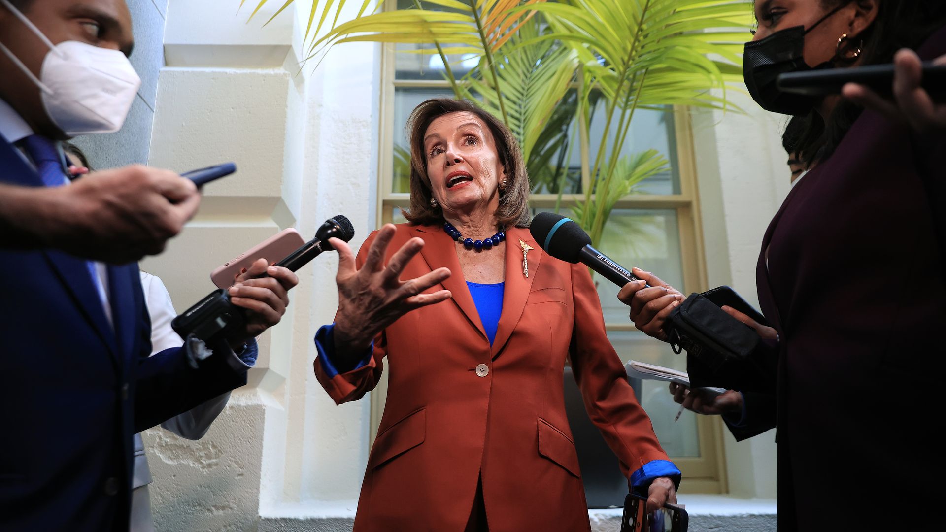 House Speaker Nancy Pelosi is seen speaking with reporters on Wednesday.