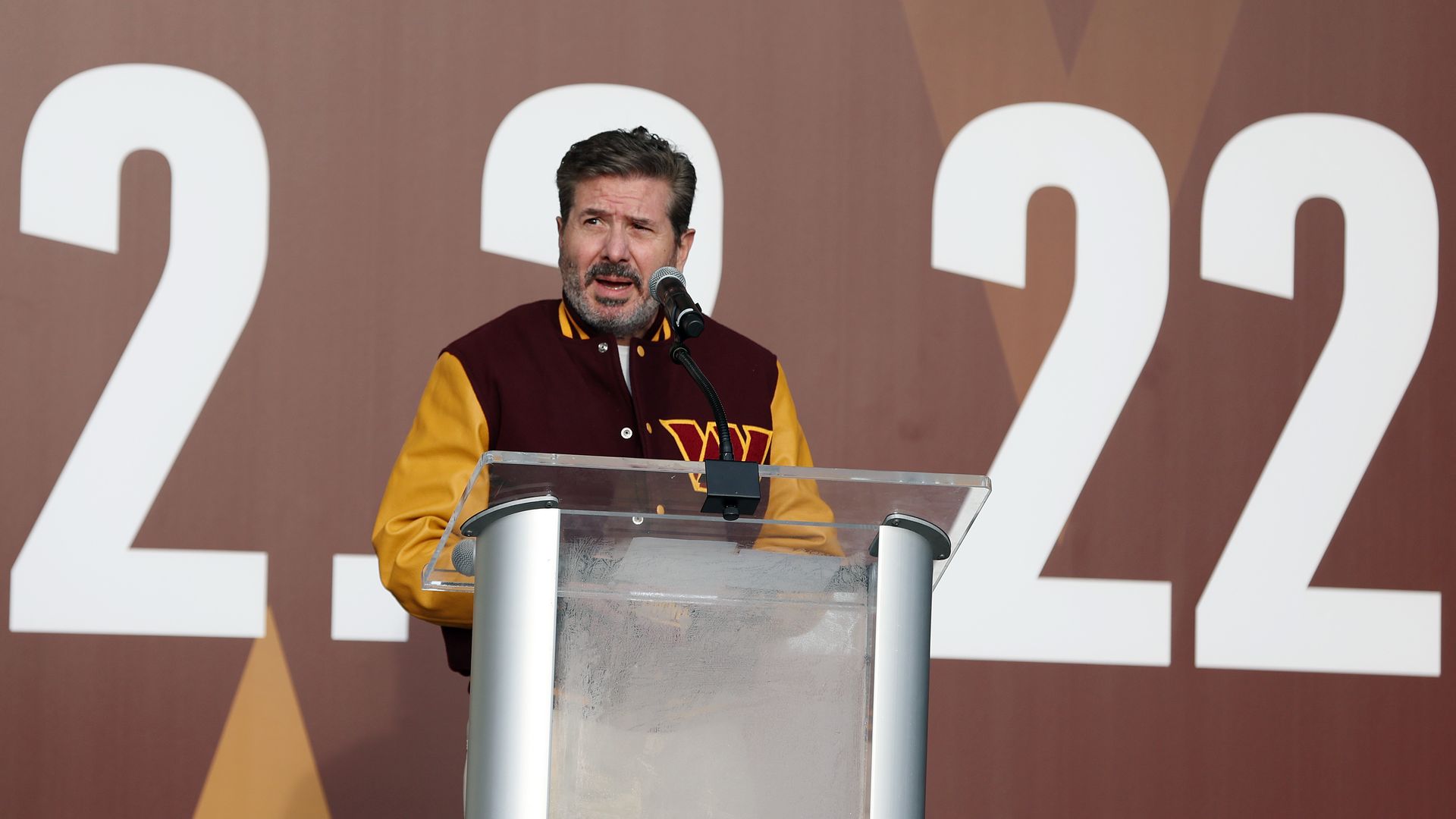 Washington Commanders owner Dan Snyder speaking in Landover, Maryland, in February 2022.