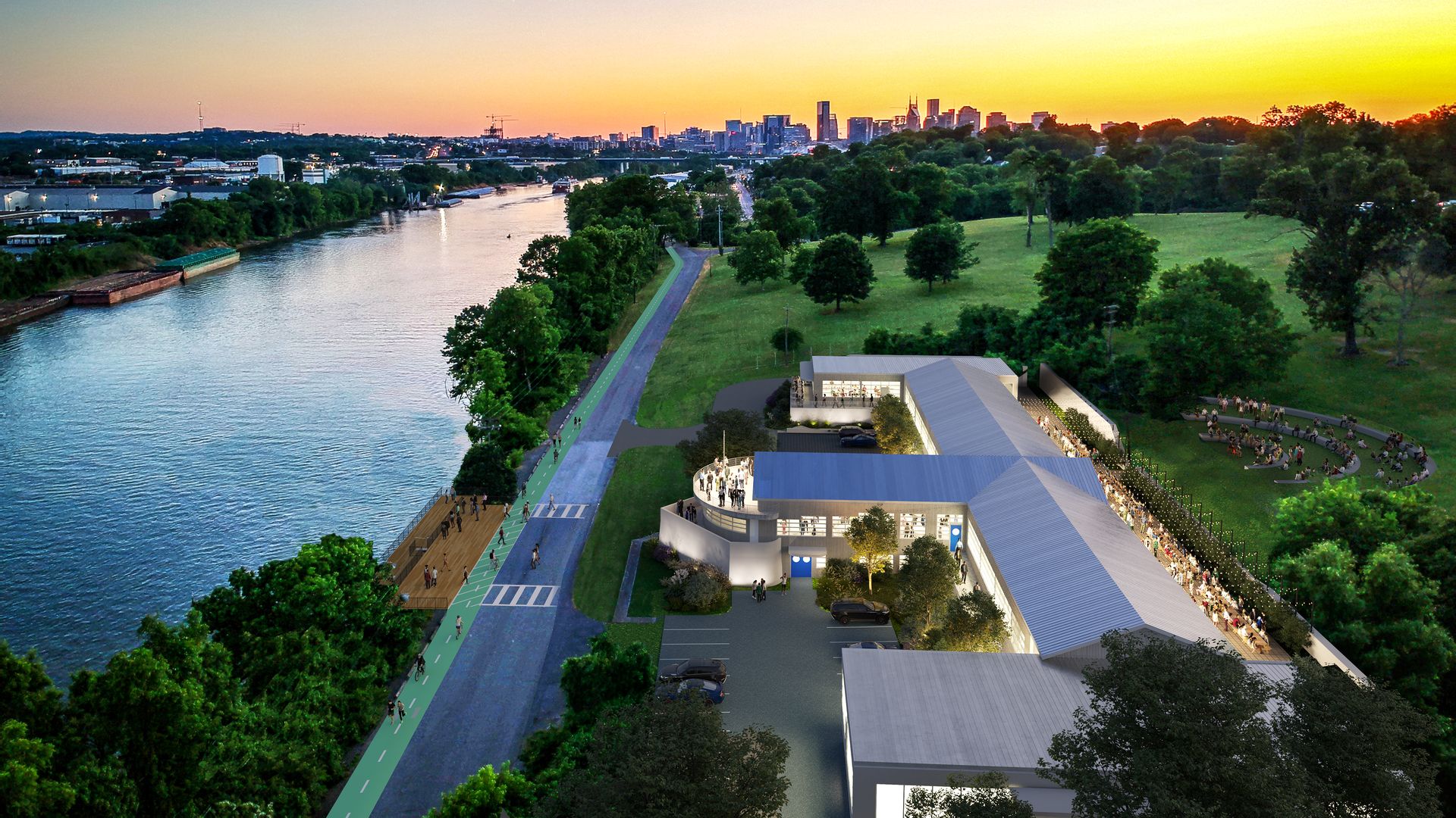An aerial of a refurbished building on the Nashville riverfront.