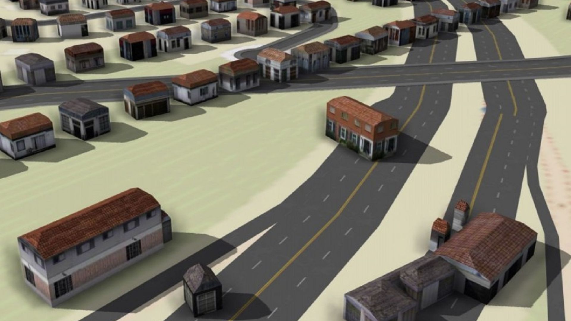 A 3D rendering of former Columbus neighborhoods overlaid on top of modern highway locations.
