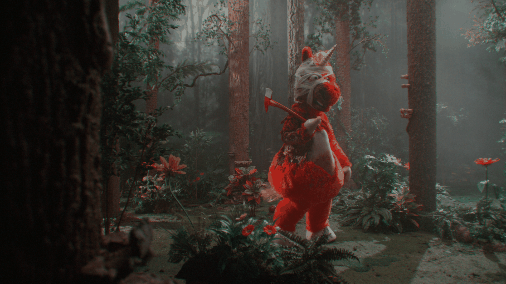 Red costumed unicorn-like creature with a wrapped head and horn, carrying an axe, stands in a foggy forest among ferns and bright flowers.