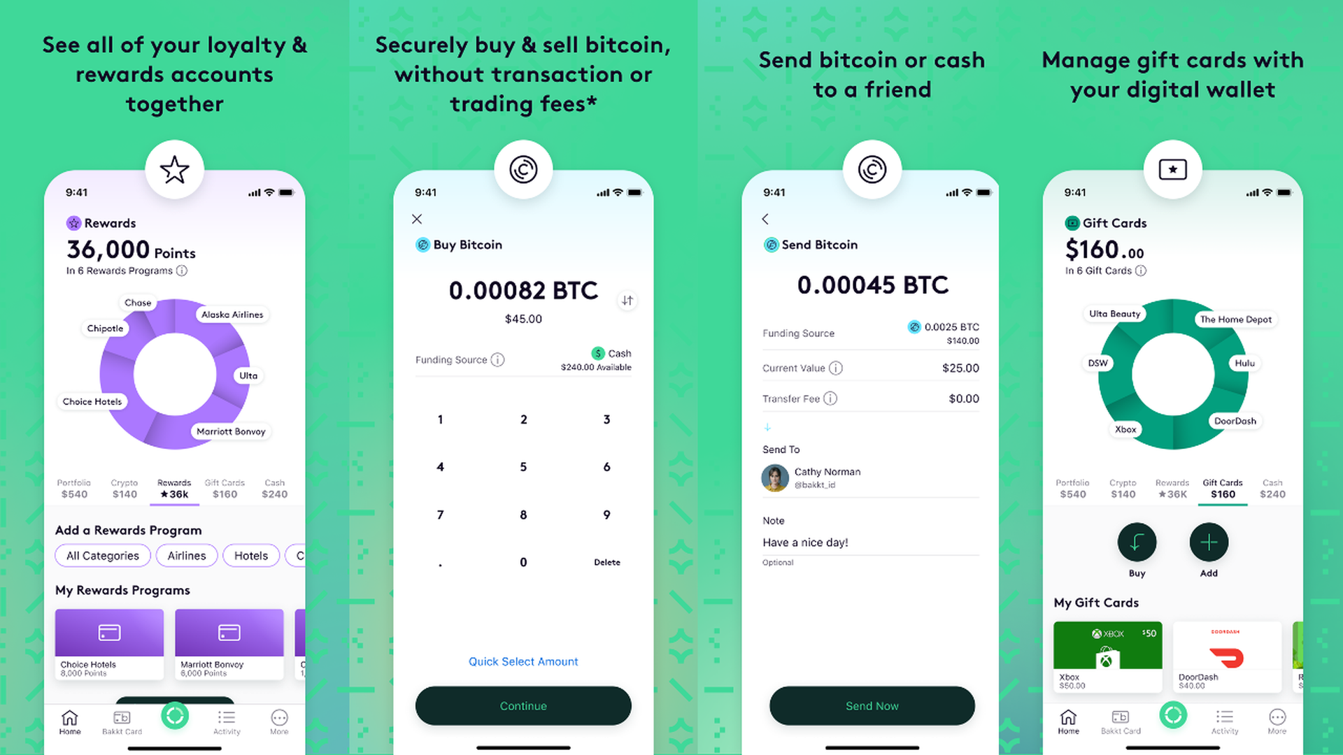 Screenshot of the new app, Bakkt, which allows people to buy, sell and send bitcoin as well as manage their gift cards and rewards programs