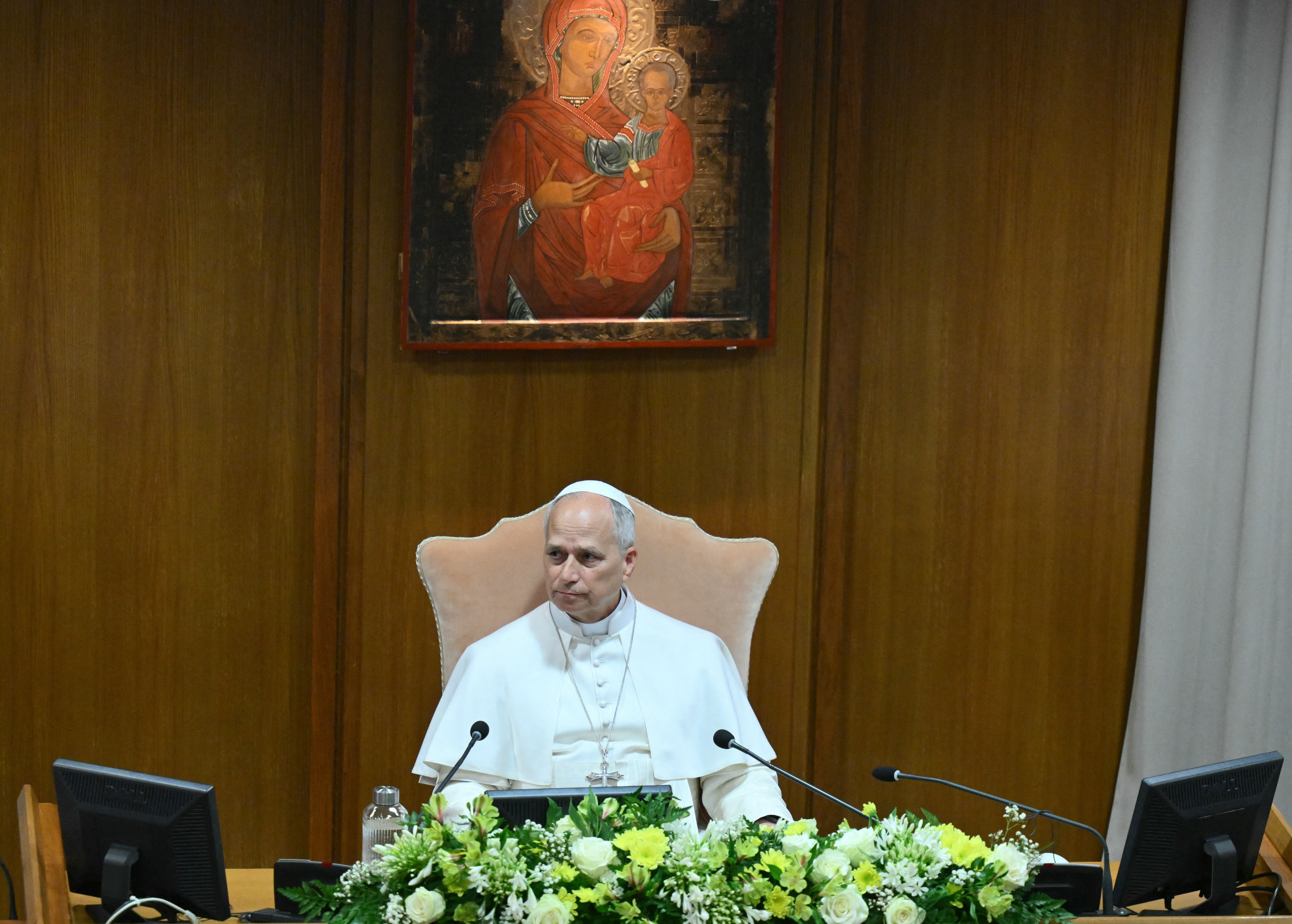 Pope Leo XIV attends yesterday's presentation of his encyclical at the Vatican.
