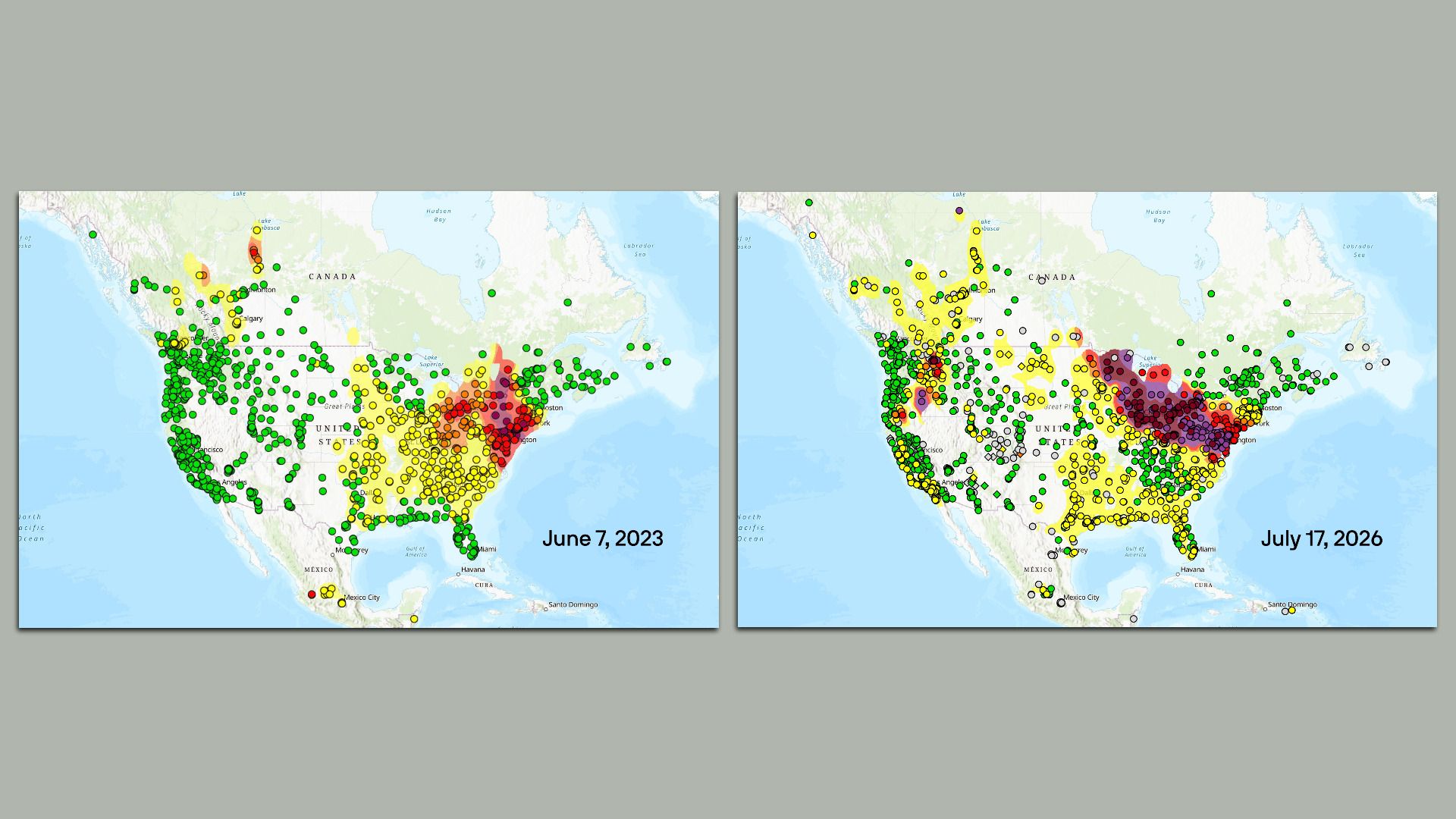 Two side-by-side maps of North America with numerous colored markers (green, yellow, red, purple). Left map labeled "June 7, 2023"; right map labeled "July 17, 2026".