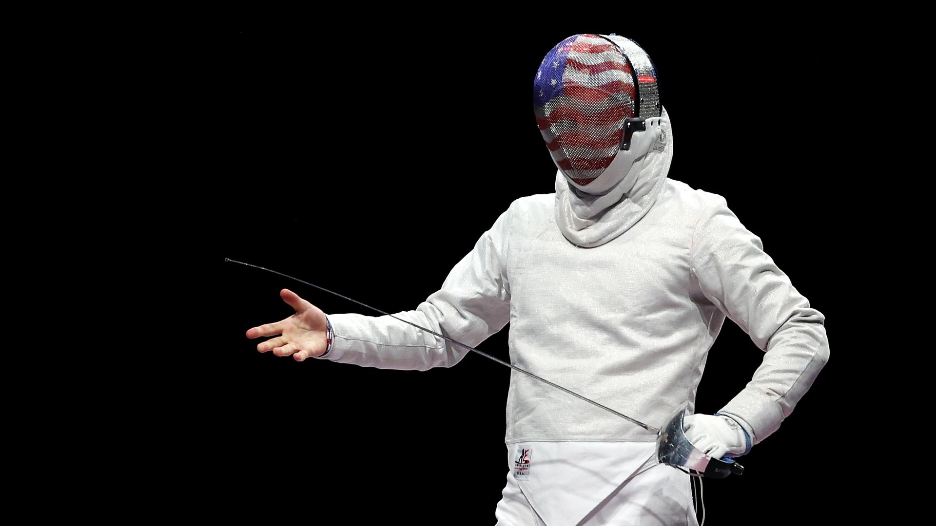  Eli Dershwitz of Team United States reacts in his men’s sabre individual bout against Junghwan Kim of Korea of the fencing on day one of the Tokyo 202