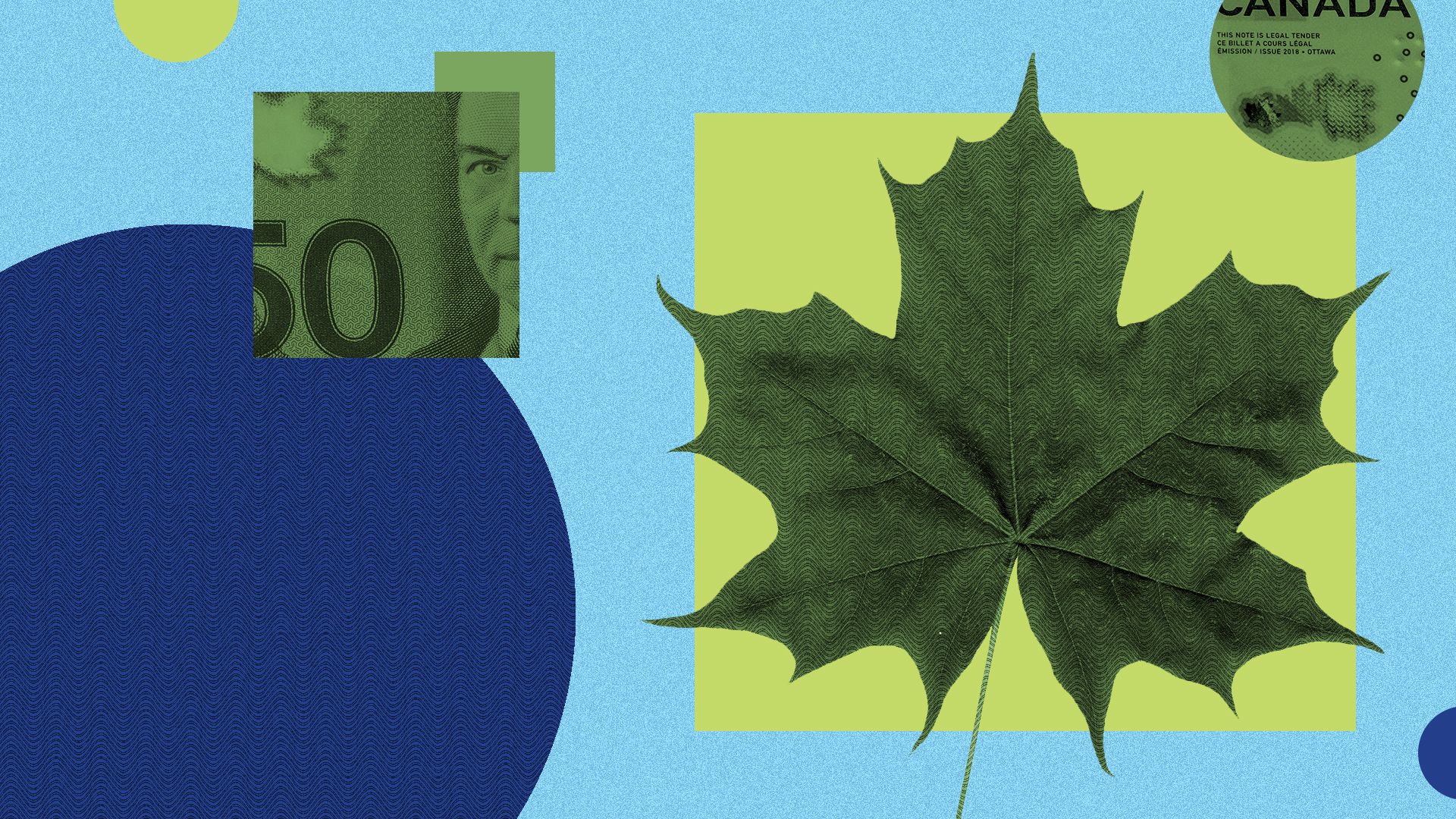 an illustration of a maple leaf surrounded by shapes and cutouts of canadian dollar notes 