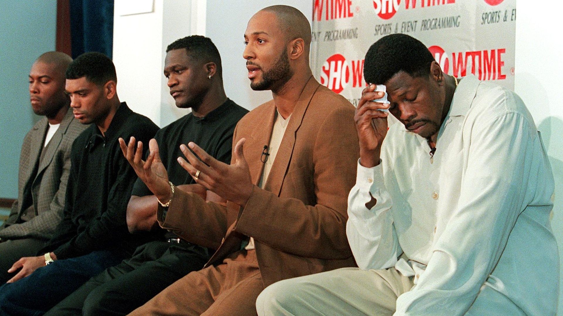 NBA players talking to the press about the lockout