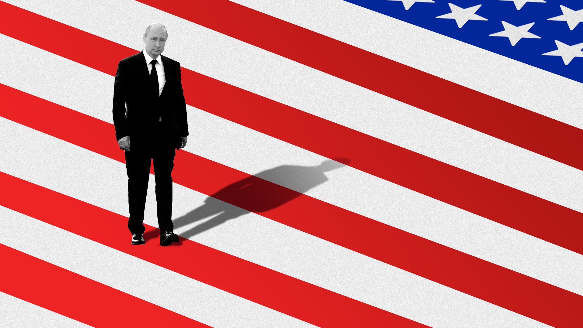 Illustration of Vladimir Putin casting a long shadow over an American flag