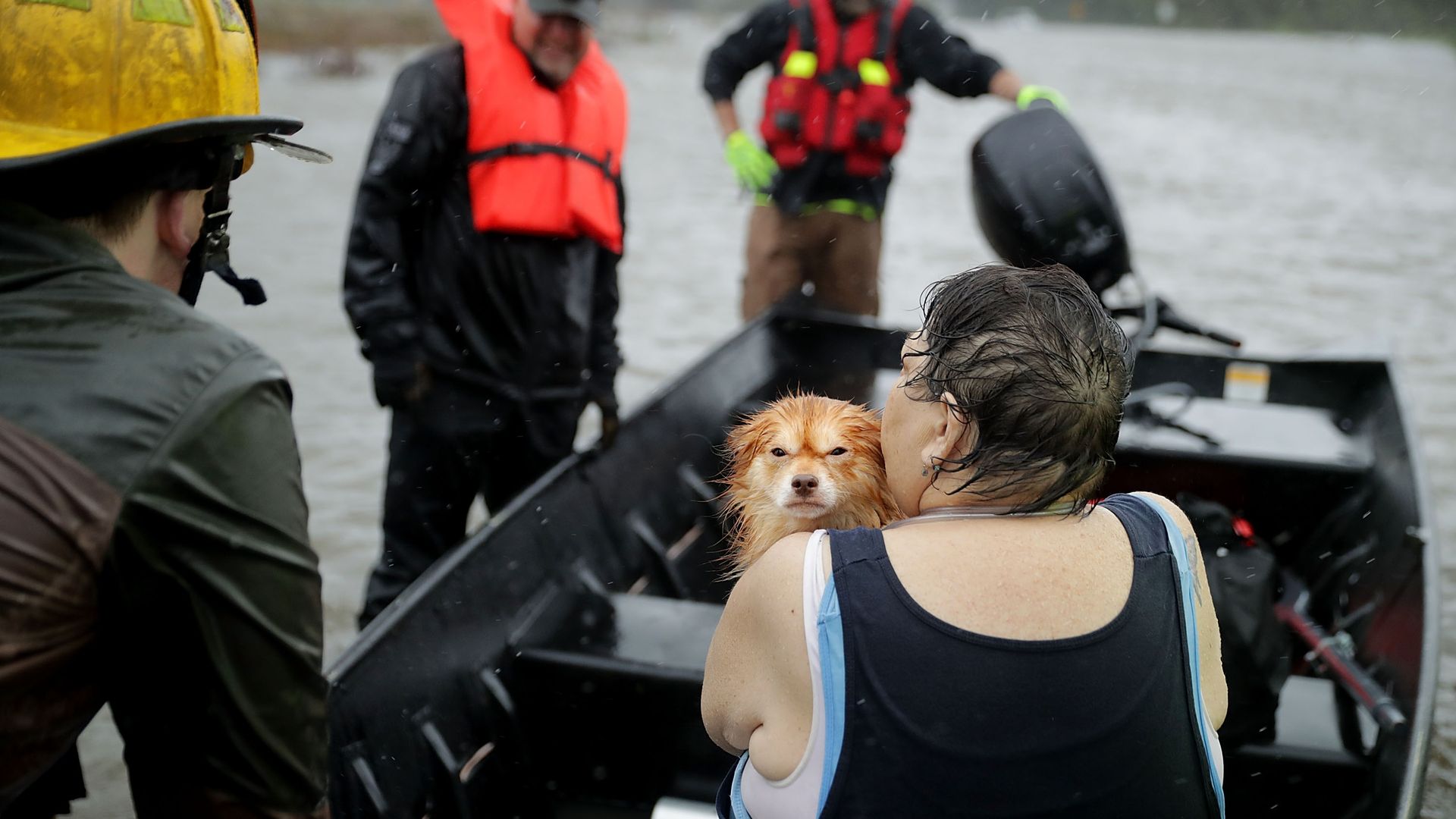 Rescue workers from use a boat to rescue a woman and her dog from their flooded home during Hurricane Florence on September 14, 2018 in James City, North Carolina.