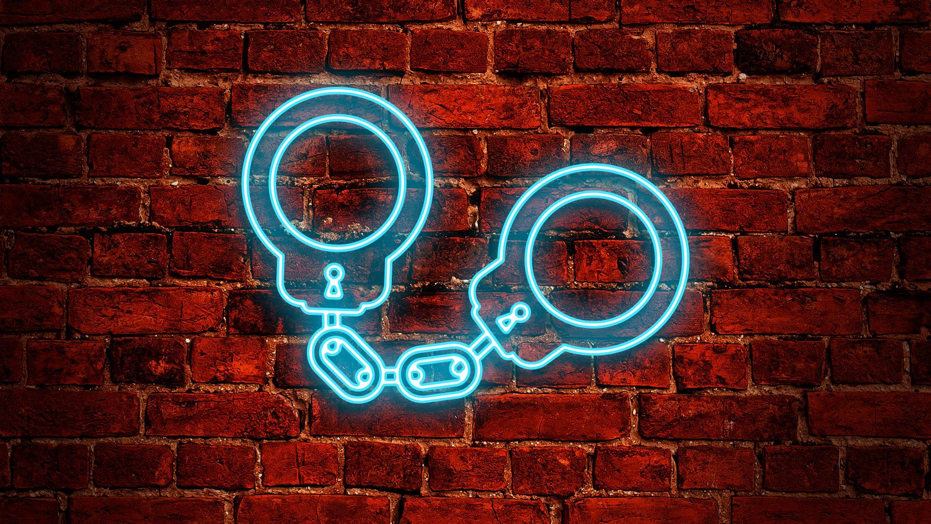 Illustration of a handcuffs neon sign on a brick wall.