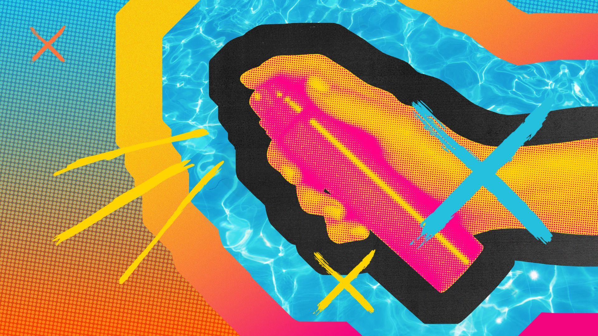 Illustration of a pop-art style hand holding a sunscreen bottle over a pool background with bold, colorful graphic elements.