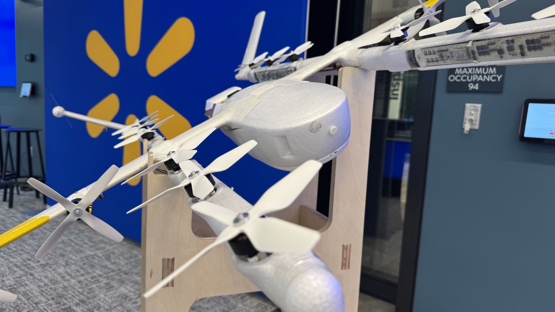 A front view of a styrofoam drone. 