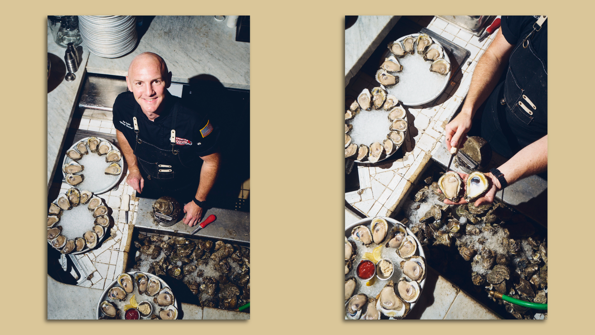 In side by side photos, a man smiles at the camera at an oyster station at a restaurant. At right, a shucked oyster sits open in his palm.