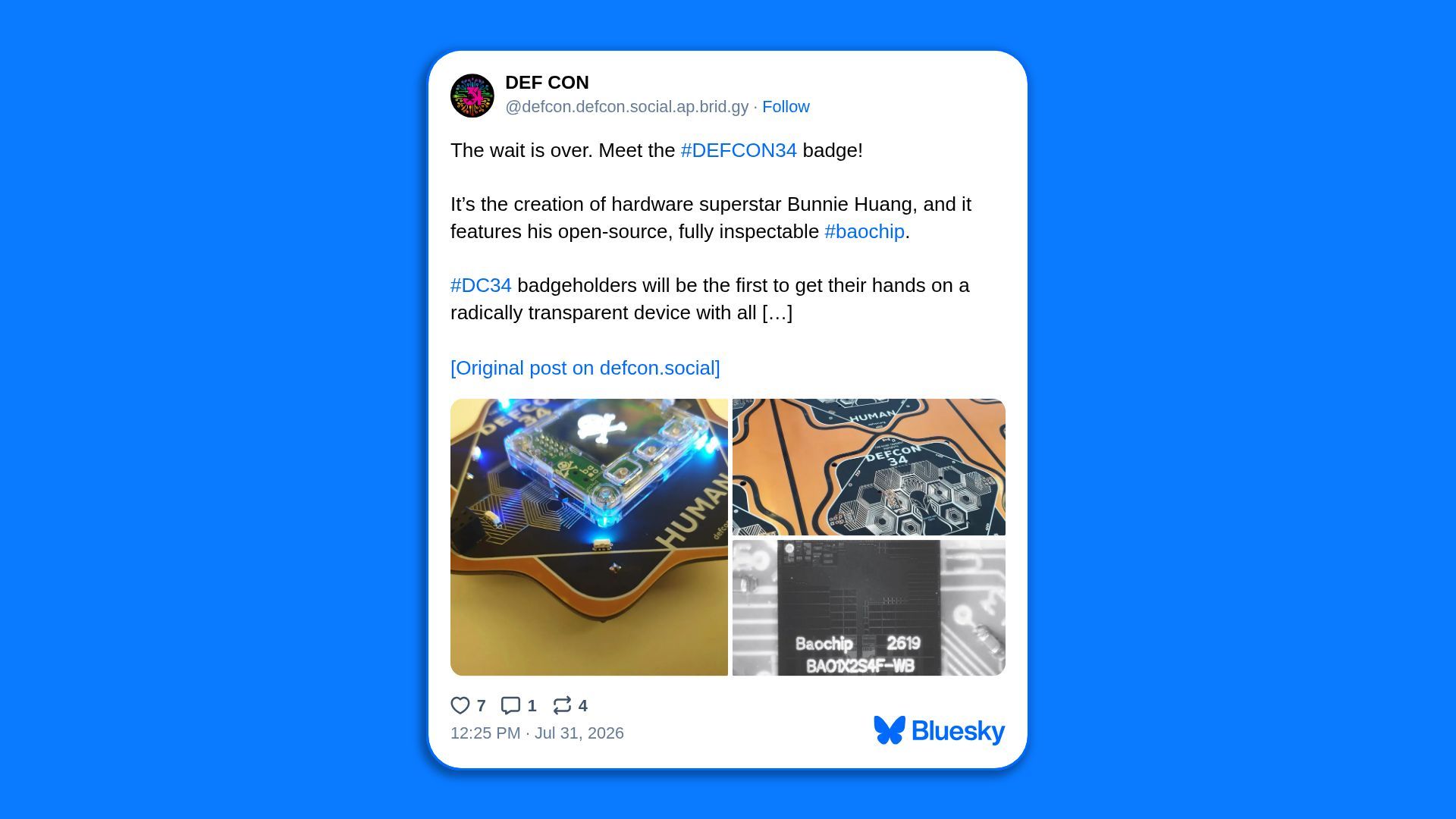 Blue background with a white rounded card showing a Def Con post about the DEFCON34 badge. Includes profile image, handle, text, a 2x2 hardware photo grid, and a Bluesky watermark.