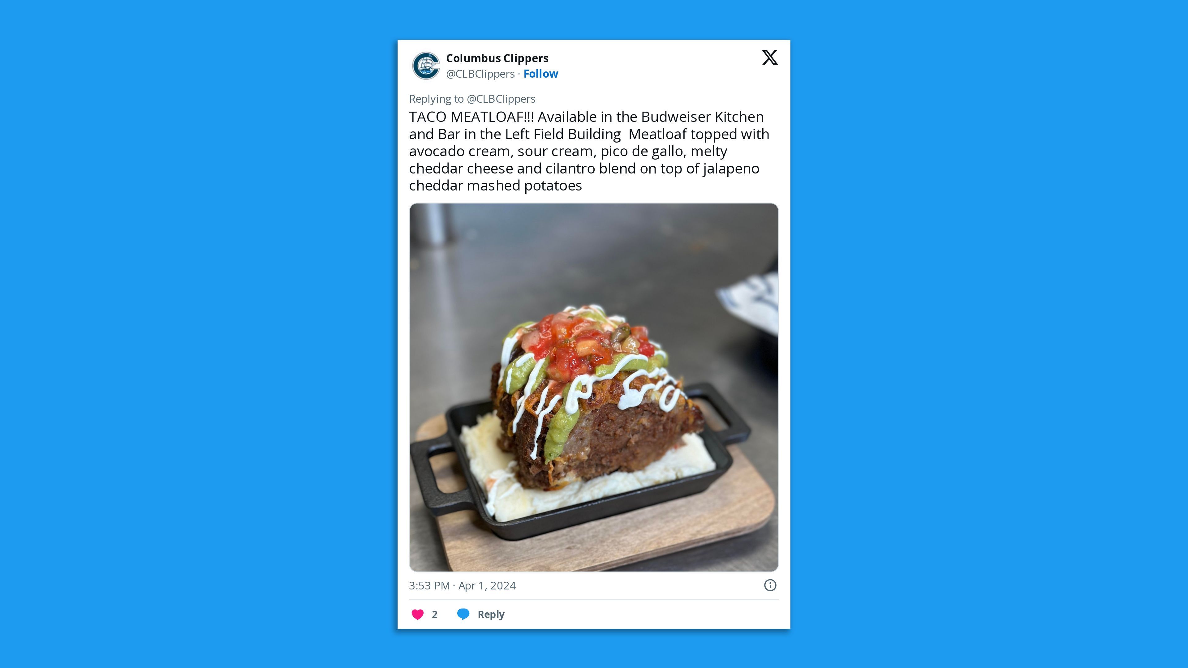A tweet from the Columbus Clippers showing a photo of a new taco meatloaf concession item. 