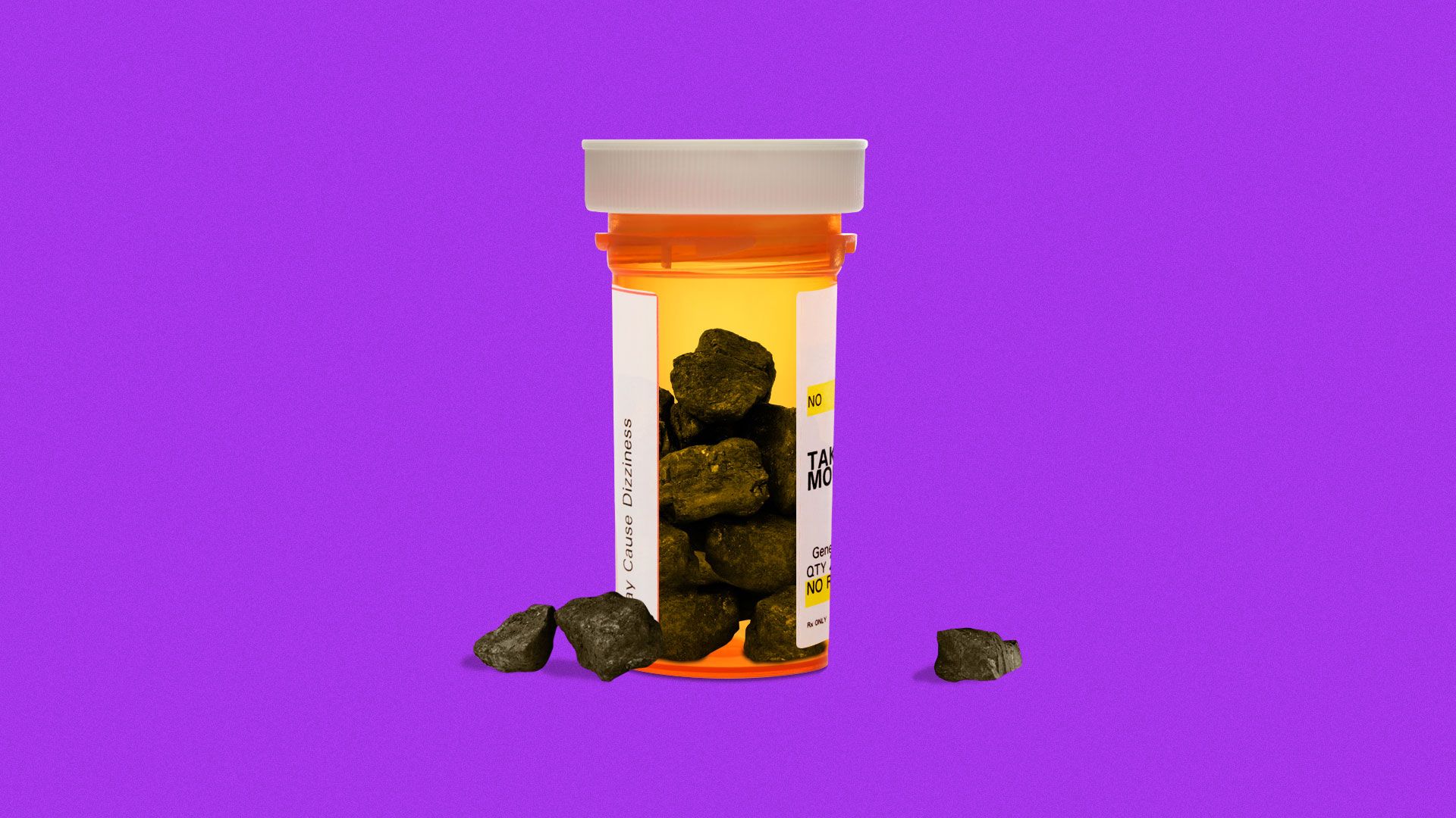 Illustration of lumps of coal in a pill bottle.