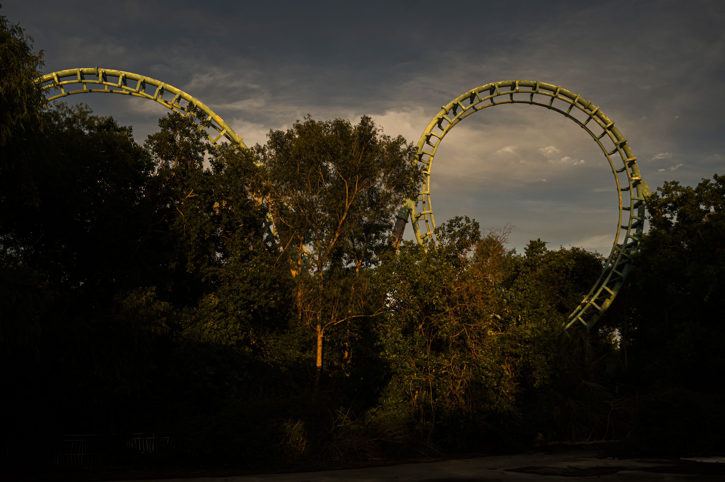 Photo shows blighted rides at Six Flags in New Orleans.