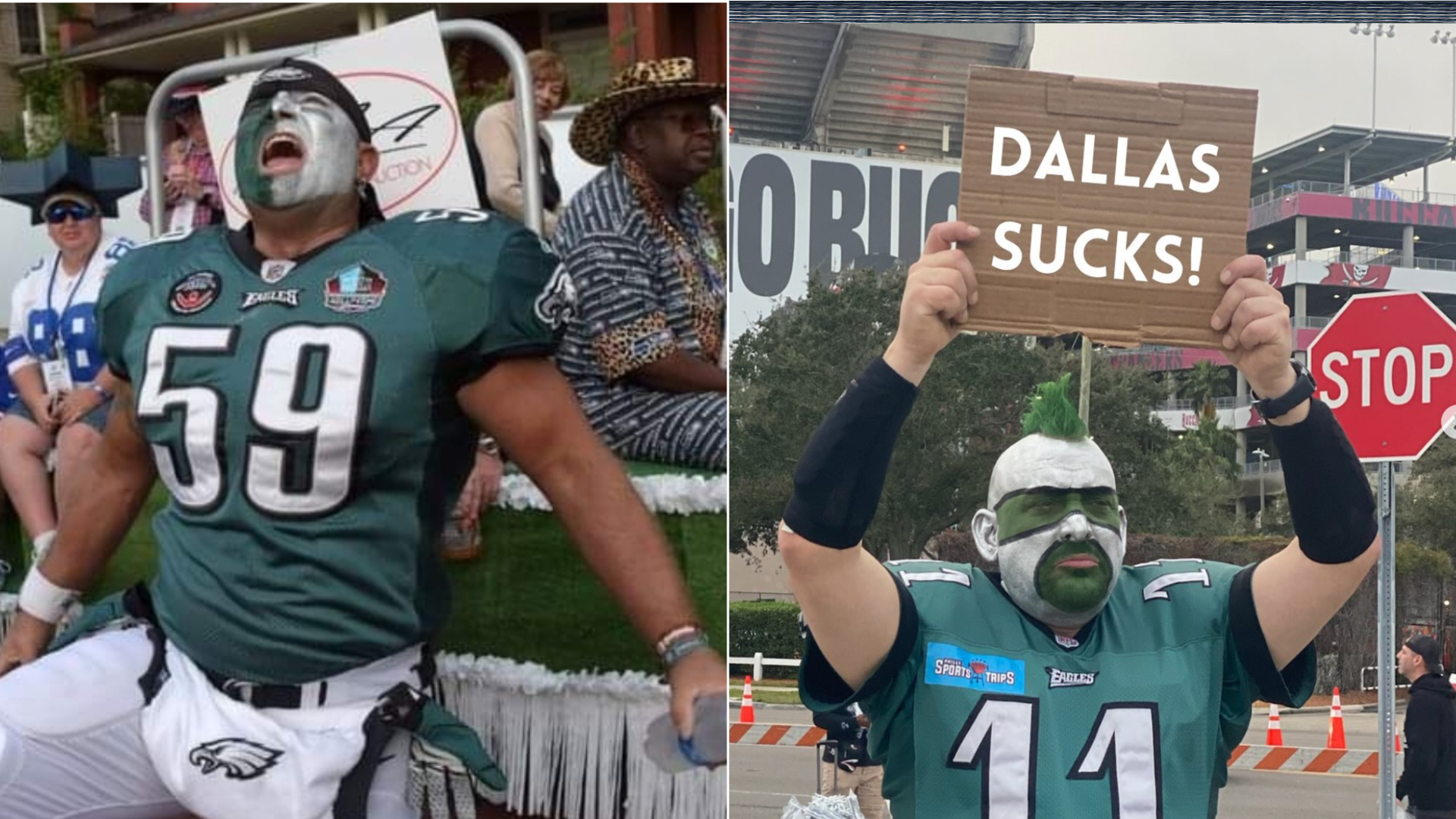 Shaun "Shoulder Pad Guy" Young, left; Philly Sports Guy, right, holding up a "Dallas Sucks" sign.