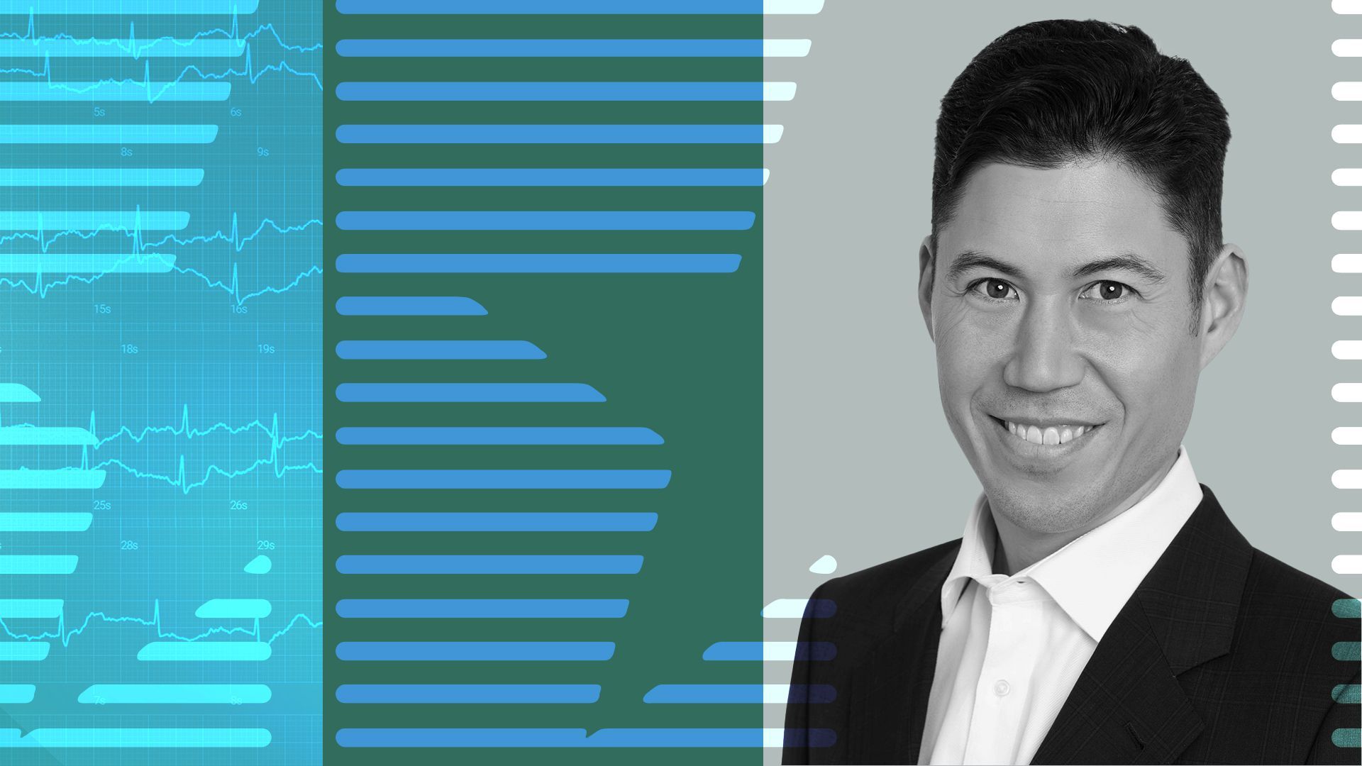 Photo illustration of Jeff Rhodes, partner and co-healthcare lead at TPG, surrounded by abstract shapes.