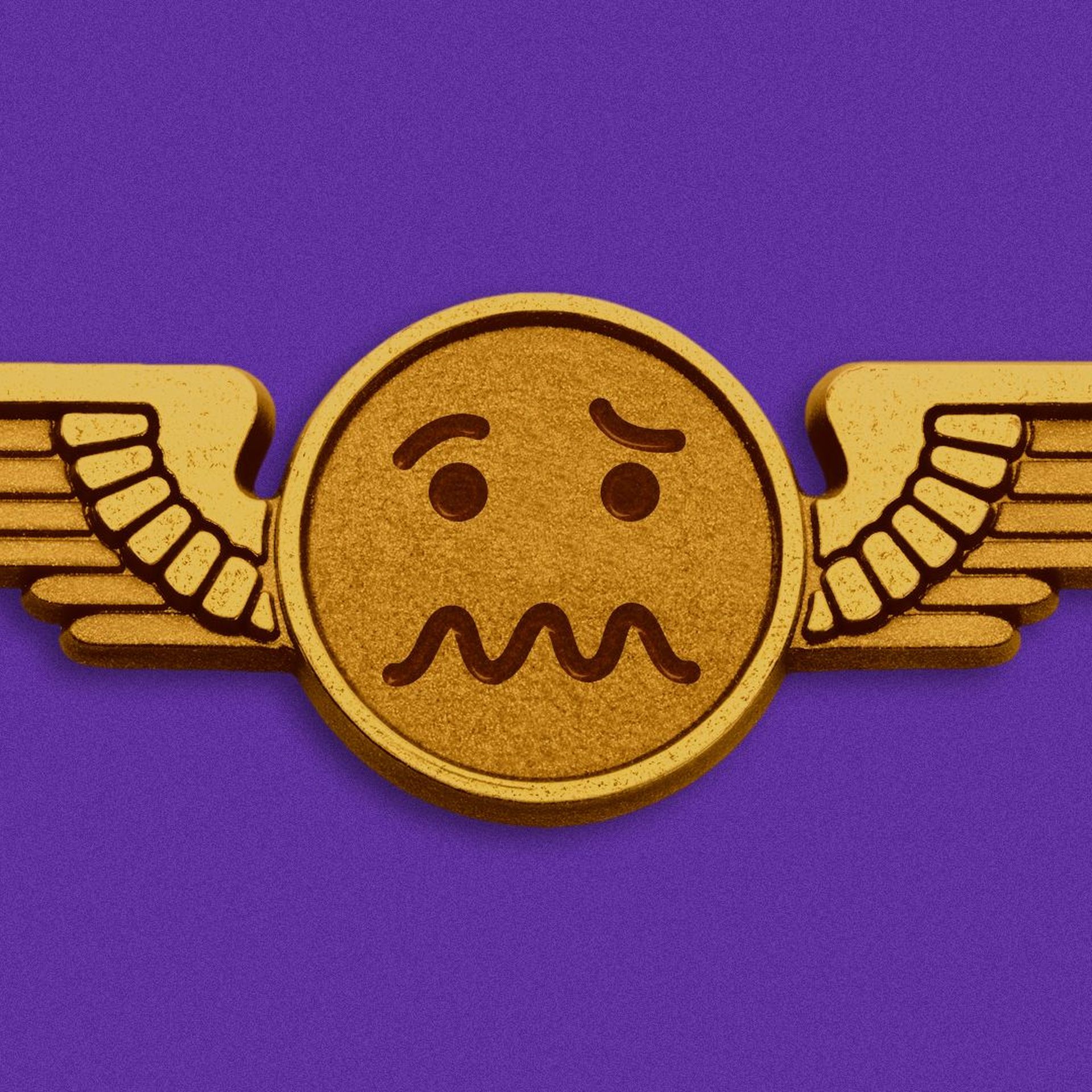 Illustration of a golden airplane wing pin with a woozy or confused emoji.
