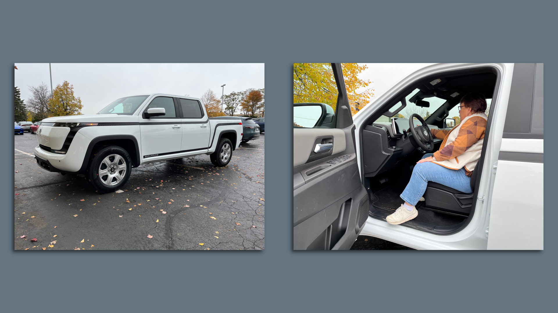 side by side images of the author checking out the new Endurance electric pickup truck from Lordstown Motors