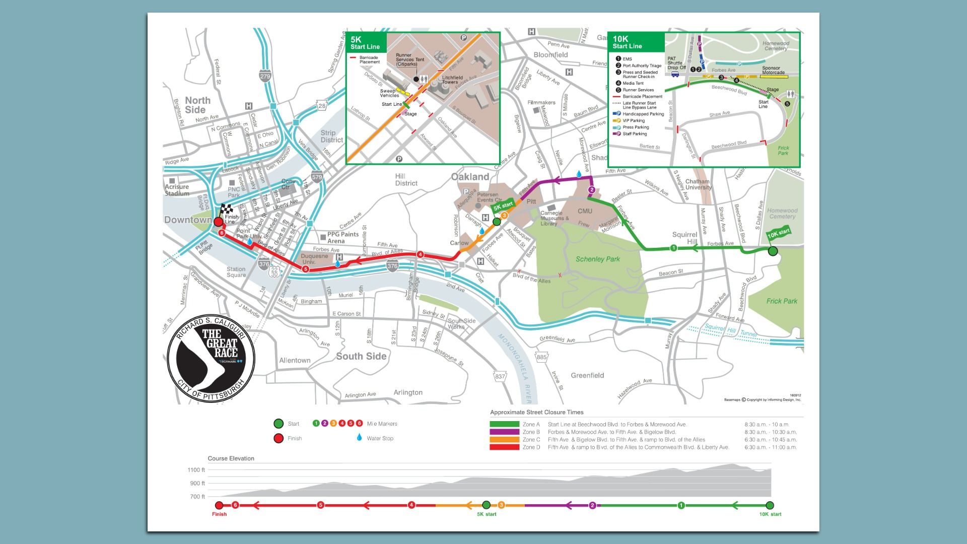 Colorful Pittsburgh race map showing 5K and 10K routes with start and finish markers, water stops, and park/downtown routes; includes inset start-line panels and a bottom-left race logo.