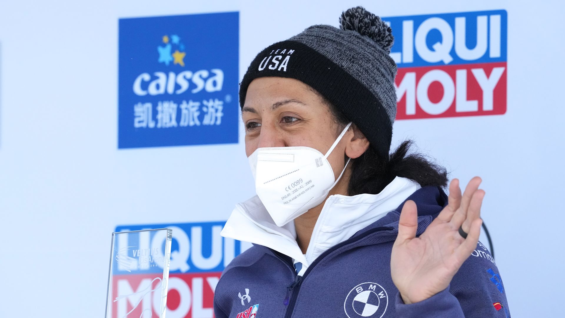  Elana Meyers Taylor of the United States celebrates winning the gold medal competing in the Women's Monobob.