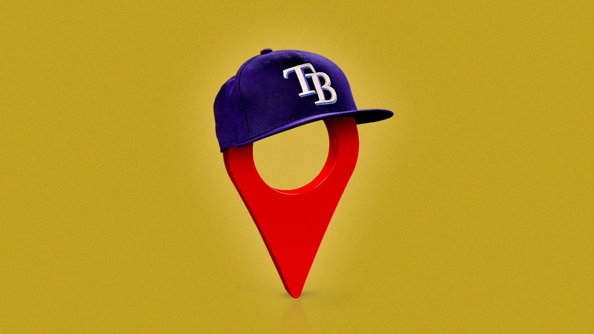 Illustration of a location pin wearing a Tampa Bay Rays baseball hat.