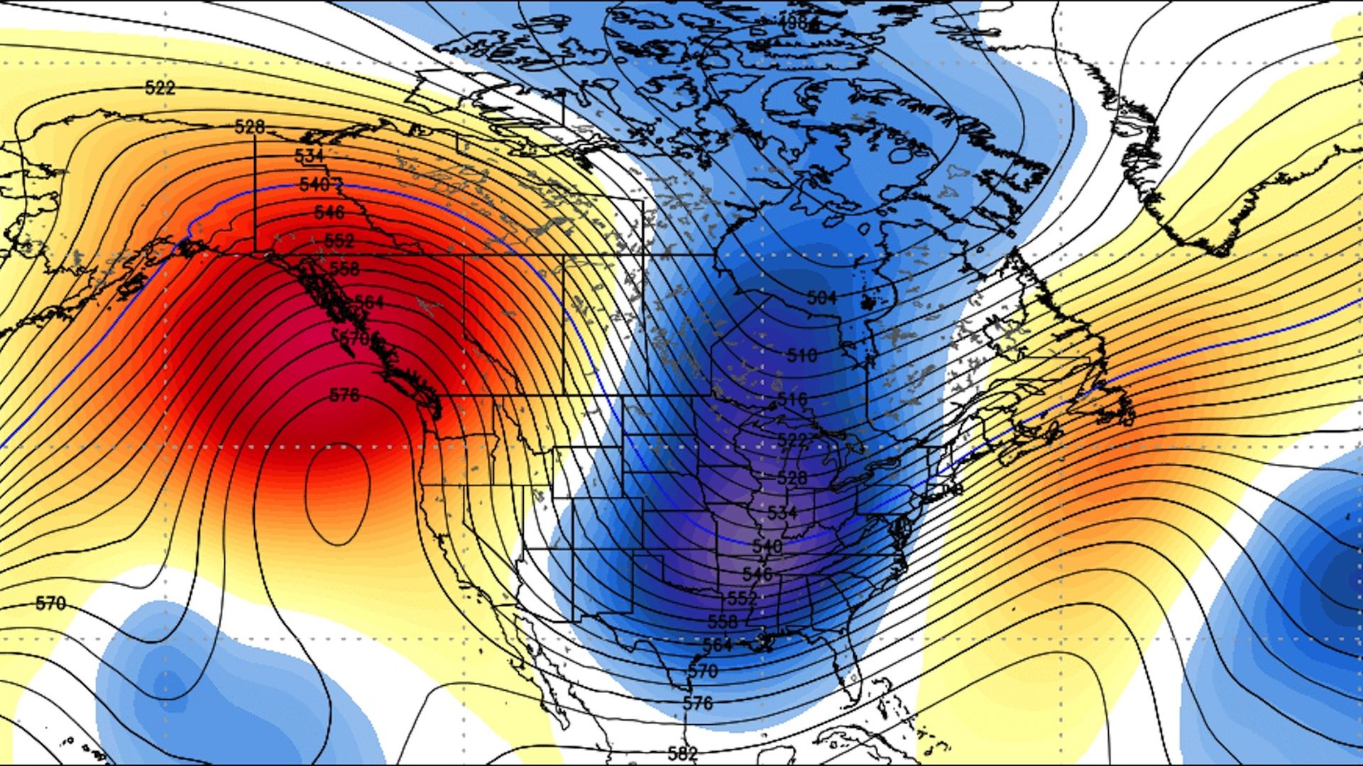 Computer model projection showing a deep trough over the Midwest and East Coast with much colder than average conditions in late January 2019.