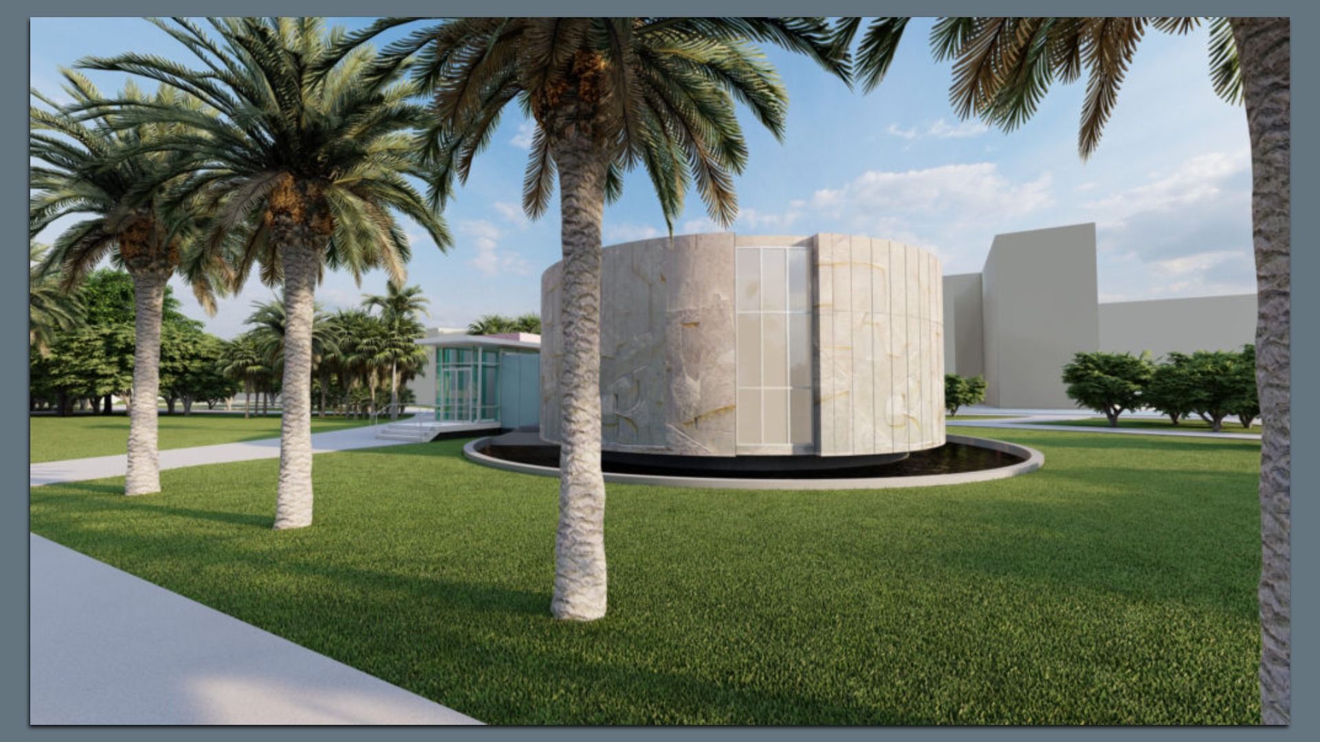Modern circular marble building with glass panels sits in a shallow circular pool, surrounded by green lawn, palm trees, and a bright blue sky.