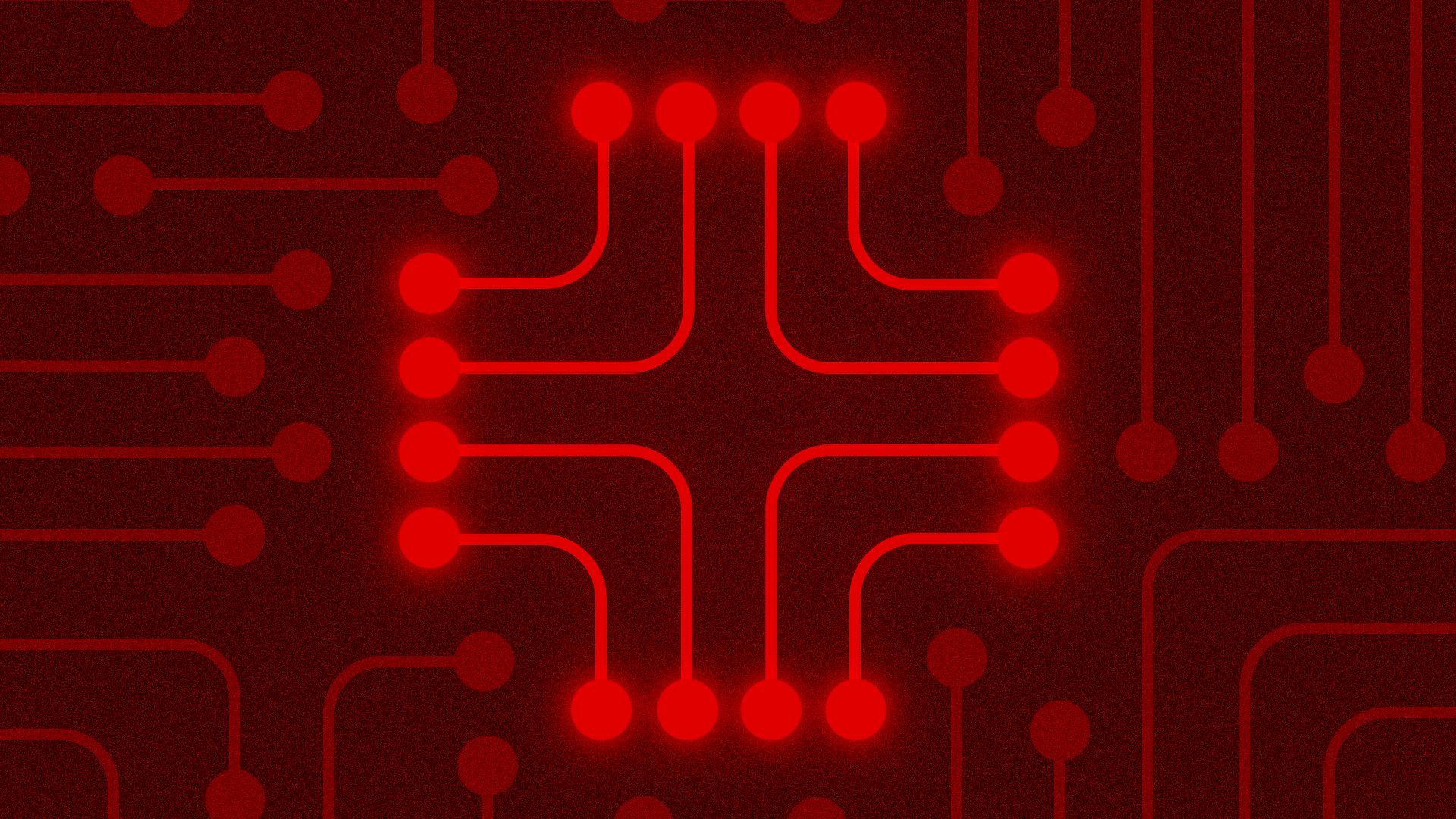an illustration of a circuitboard with a red-cross-shaped section illuminated 