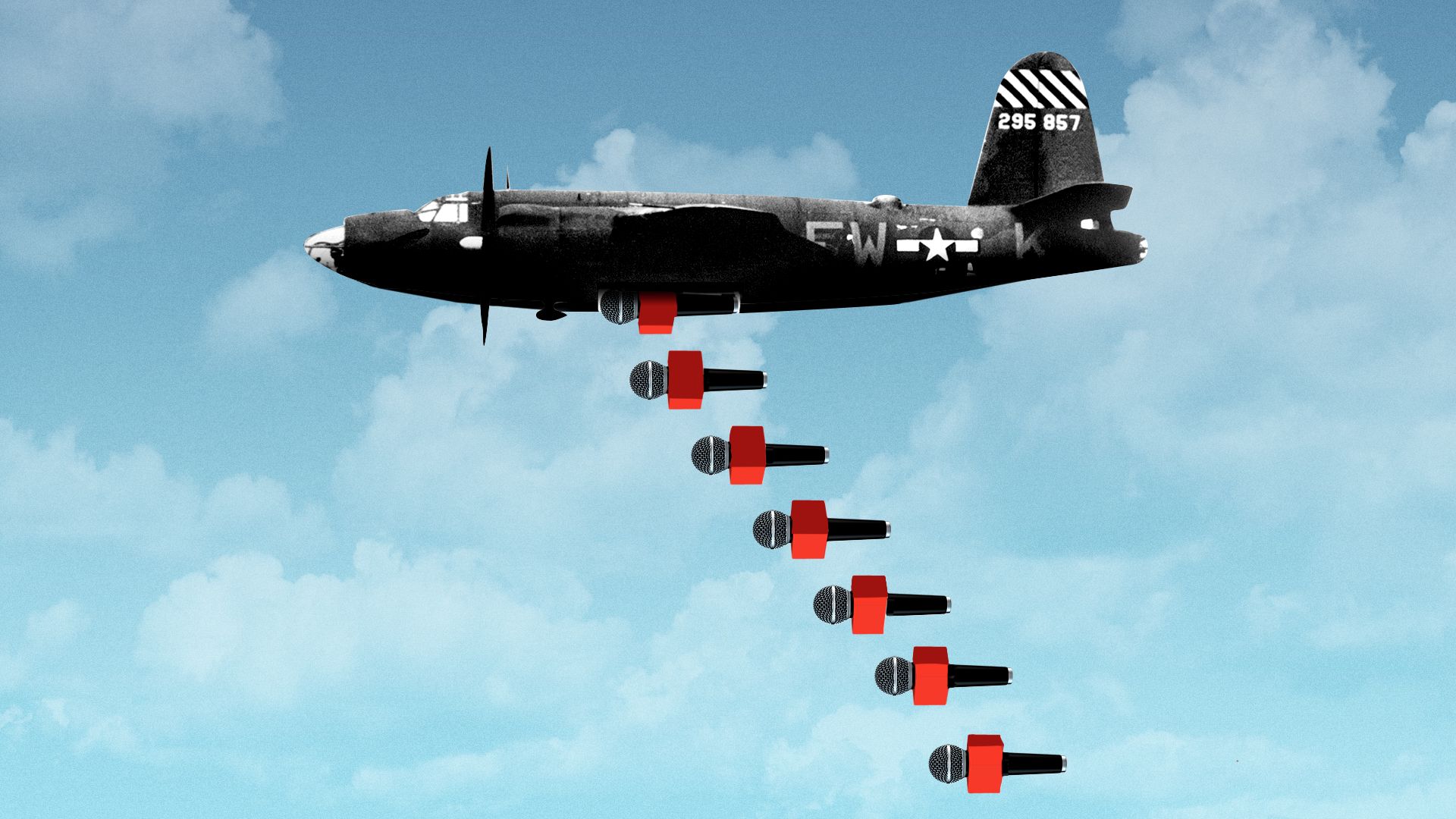 Illustration of a bomber plane with TV microphones falling out of the bomb hatch