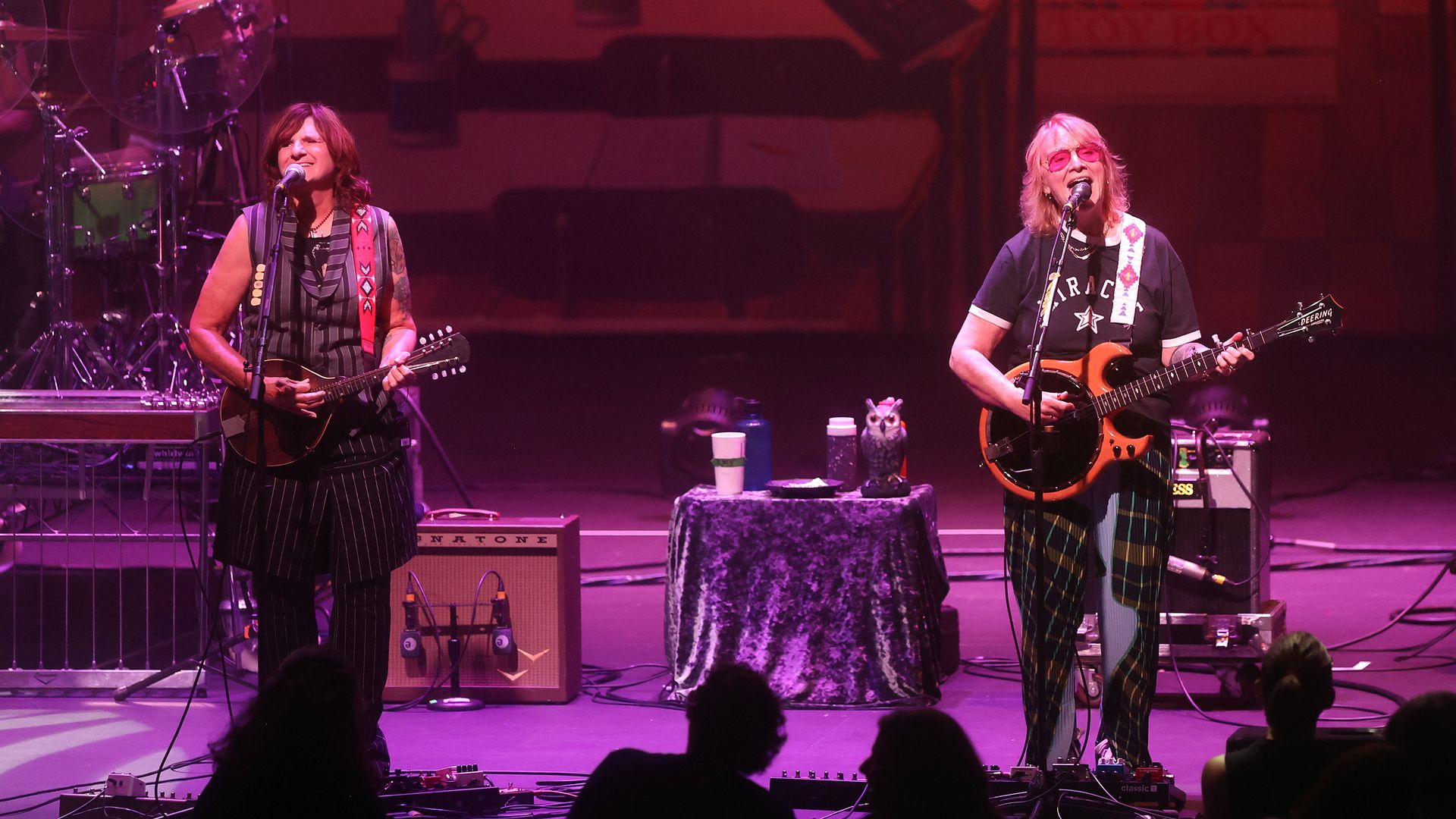 Indigo Girls sing on a stage with string instruments in their hands.