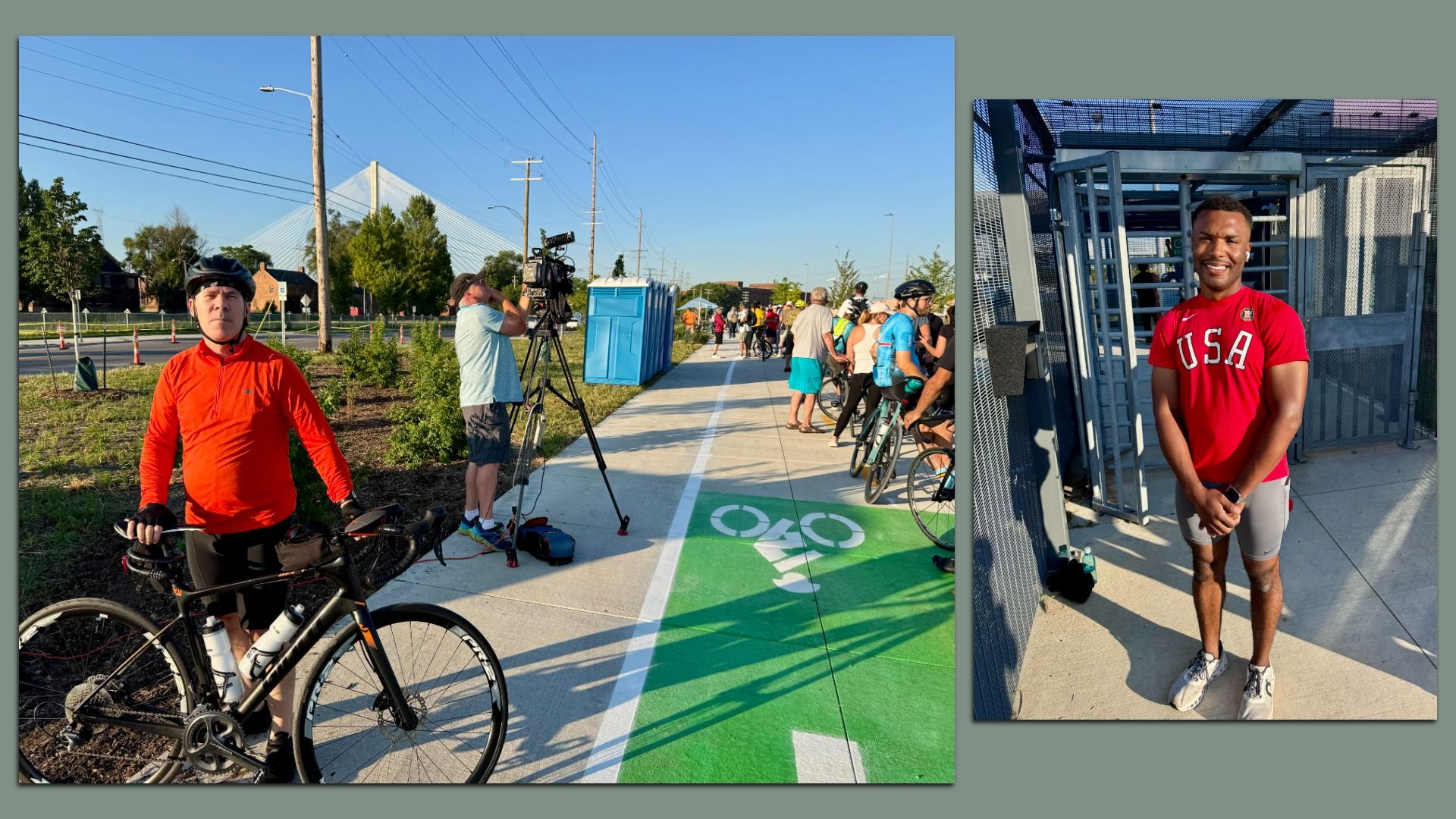 A man standing in front of the Gordie Howe bridge (far away) holding his bicycle. he's in a long line on a bike path. The second photo is of a person standing and smiling next to a turnstile