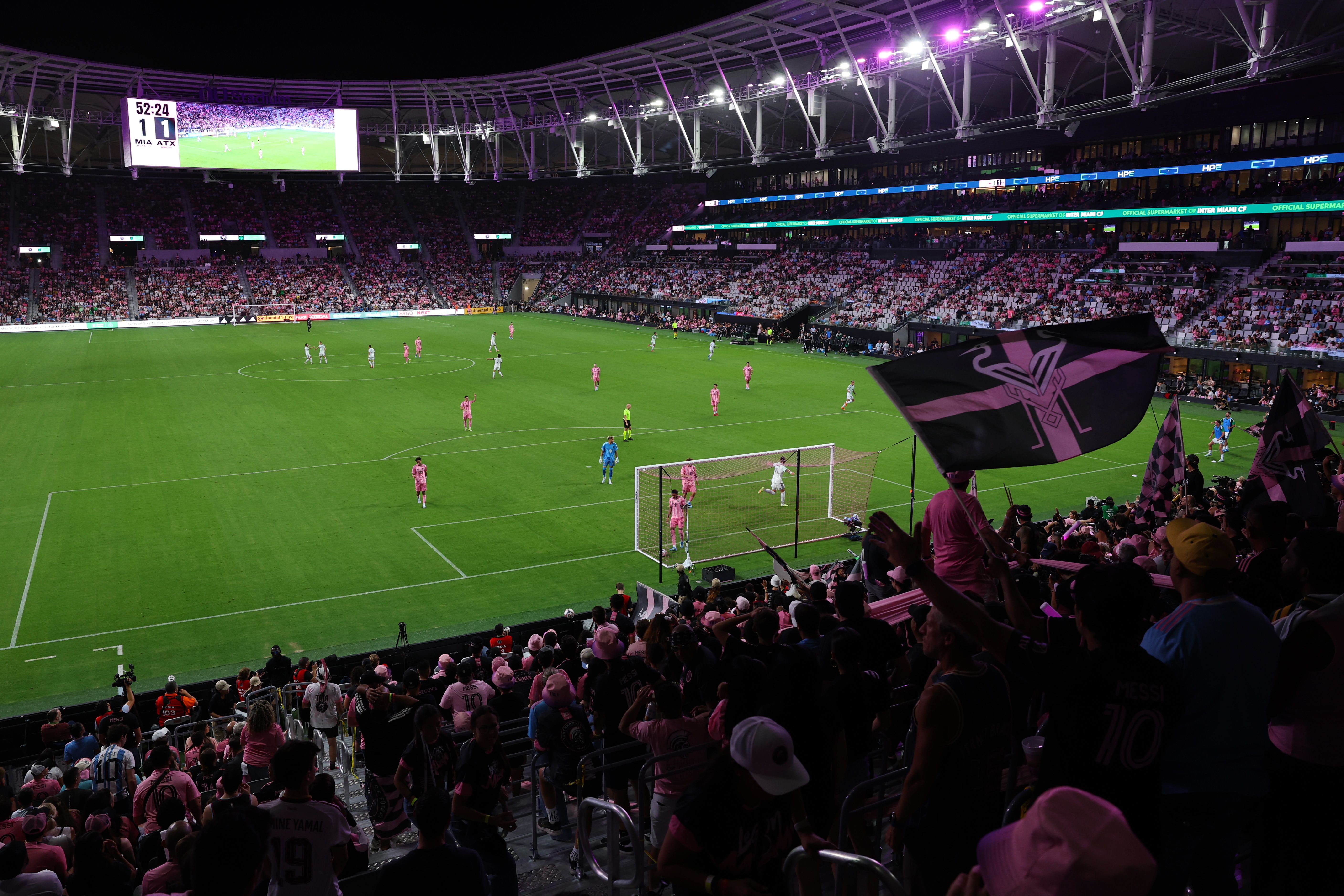 MIAMI, FLORIDA - APRIL 04: General view inside the stadium during the MLS match between Inter Miami CF and Austin FC at Nu Stadium on April 04, 2026 in Miami, Florida. (Photo by Leonardo Fernandez/MLS via Getty Images)
