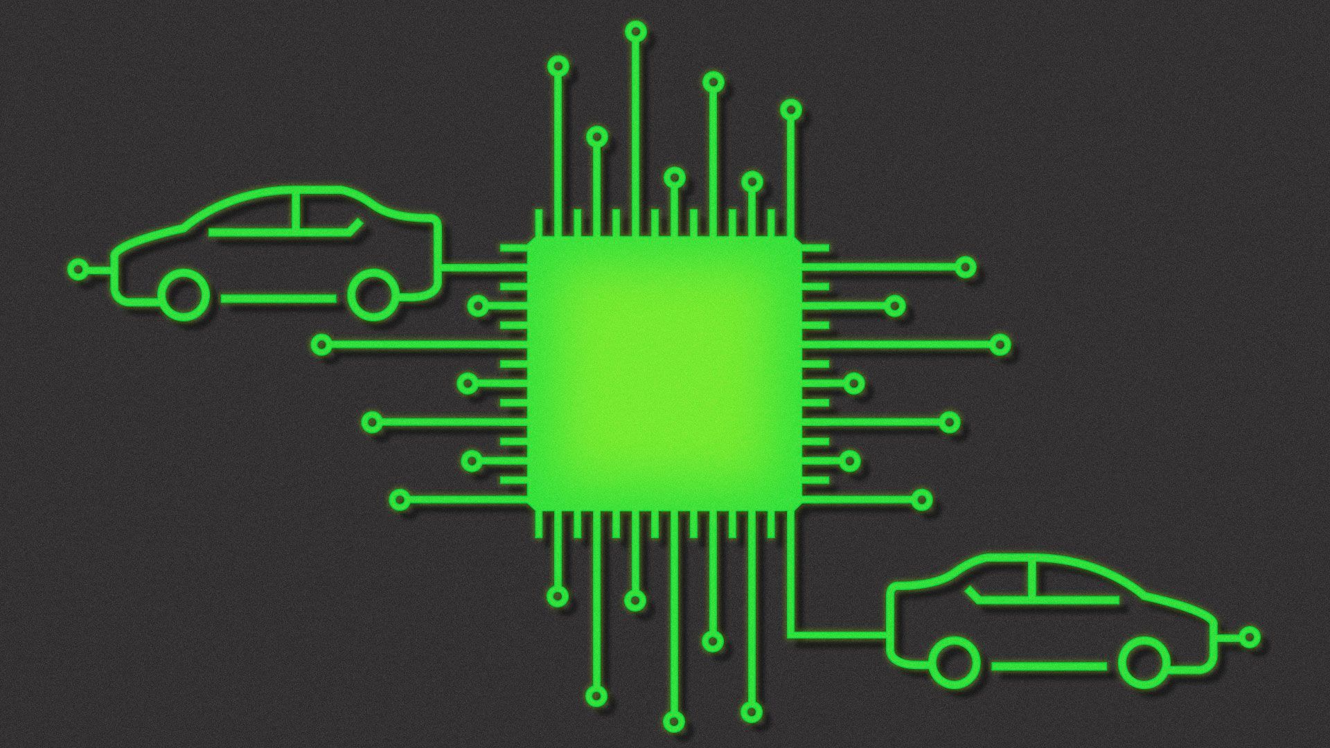 An illustration of a microchip and cars
