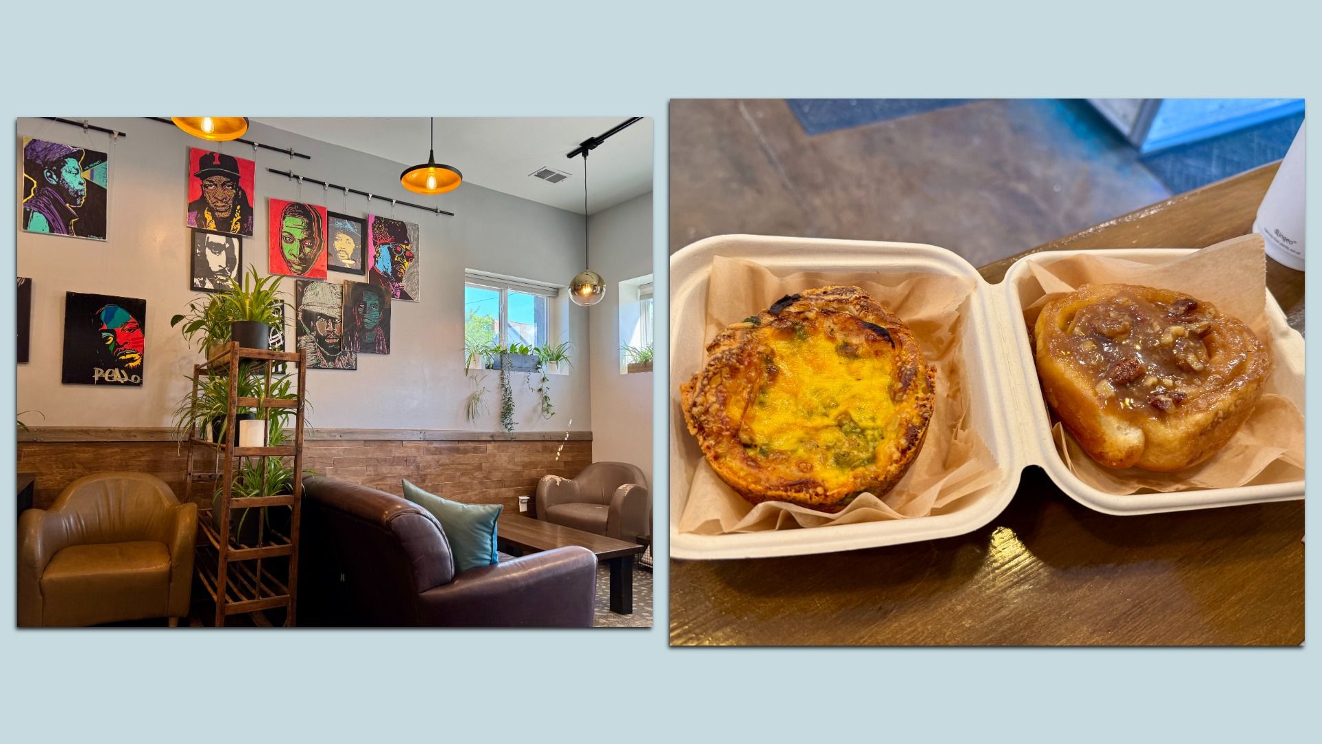 Cozy café interior with brown leather chairs, a wooden table, colorful street art portraits on gray walls, hanging plants, and two pastries in a to-go container on a wooden surface.
