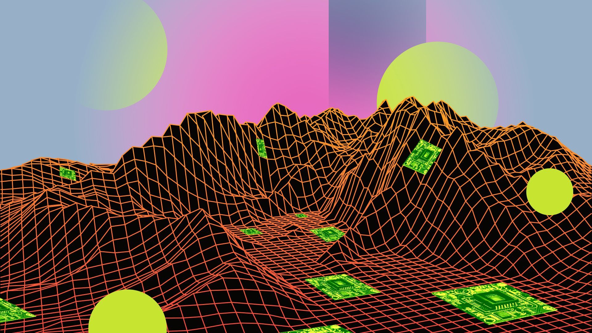 Illustration of a wireframe futuristic landscape of mountains surrounded by abstract circles, radical colors and semiconductors.