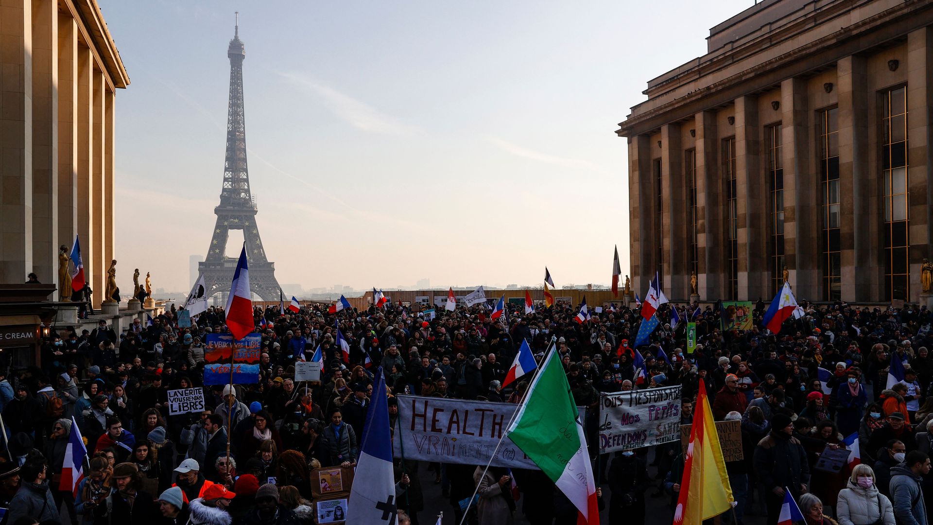    Protesters gather to demonstrate against the health pass and Covid-19 vaccines, on Trocadero plaza in Paris, on January 15.