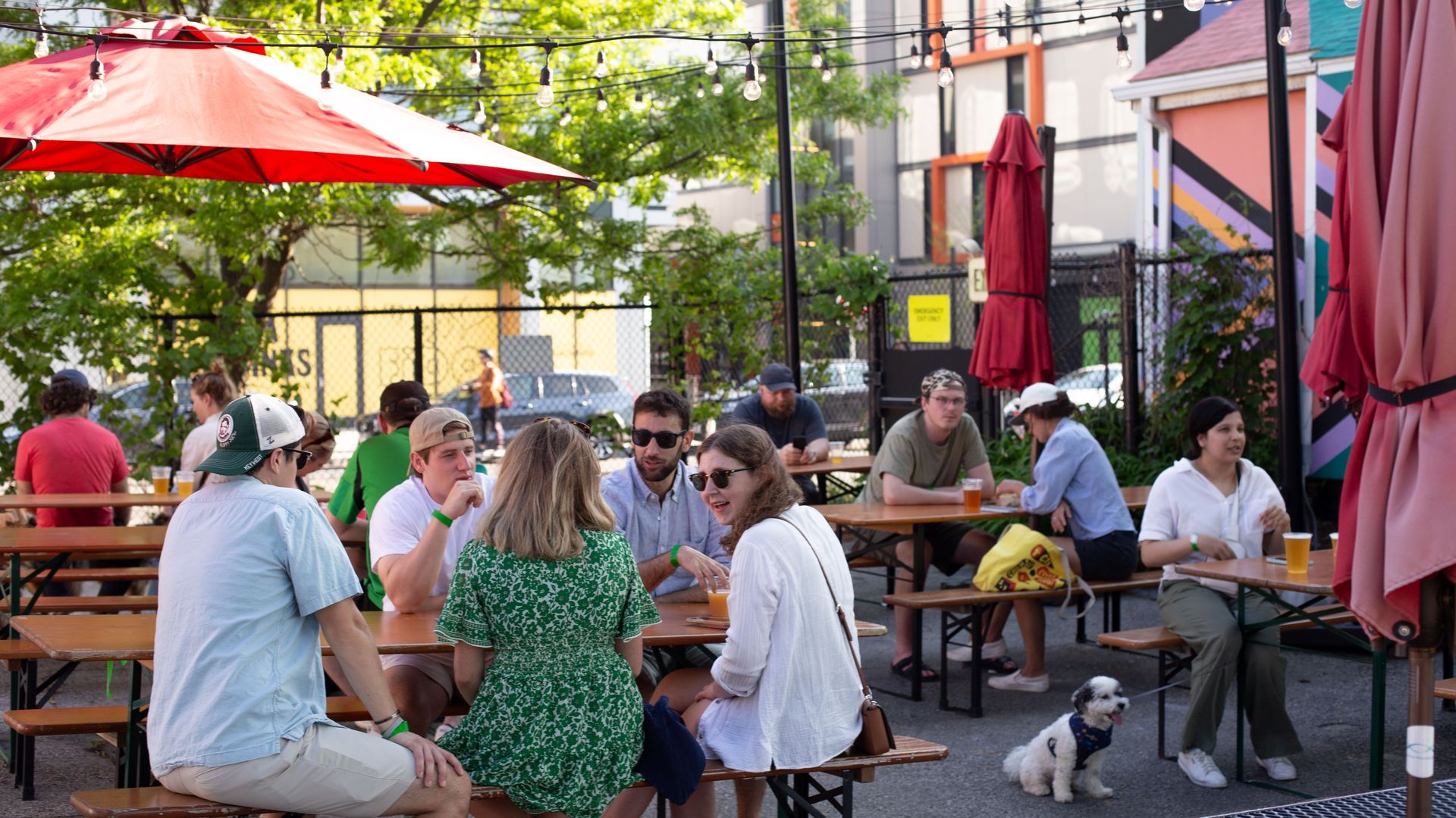 A half-dozen people sit at one picnic table, while others are at other tables at Aeornaut Brewing's Allston beer garden.