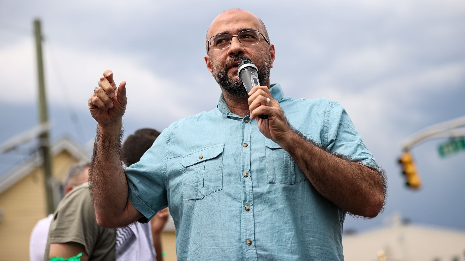 Prospect Park Mayor Mohamed Khairullah speaks as hundreds are gathered and joined the rally with people carrying Palestinian and Turkish flags at the Gould Park of Paterson to demonstrate in support of Palestinians in New Jersey, United States on May 16, 2021.