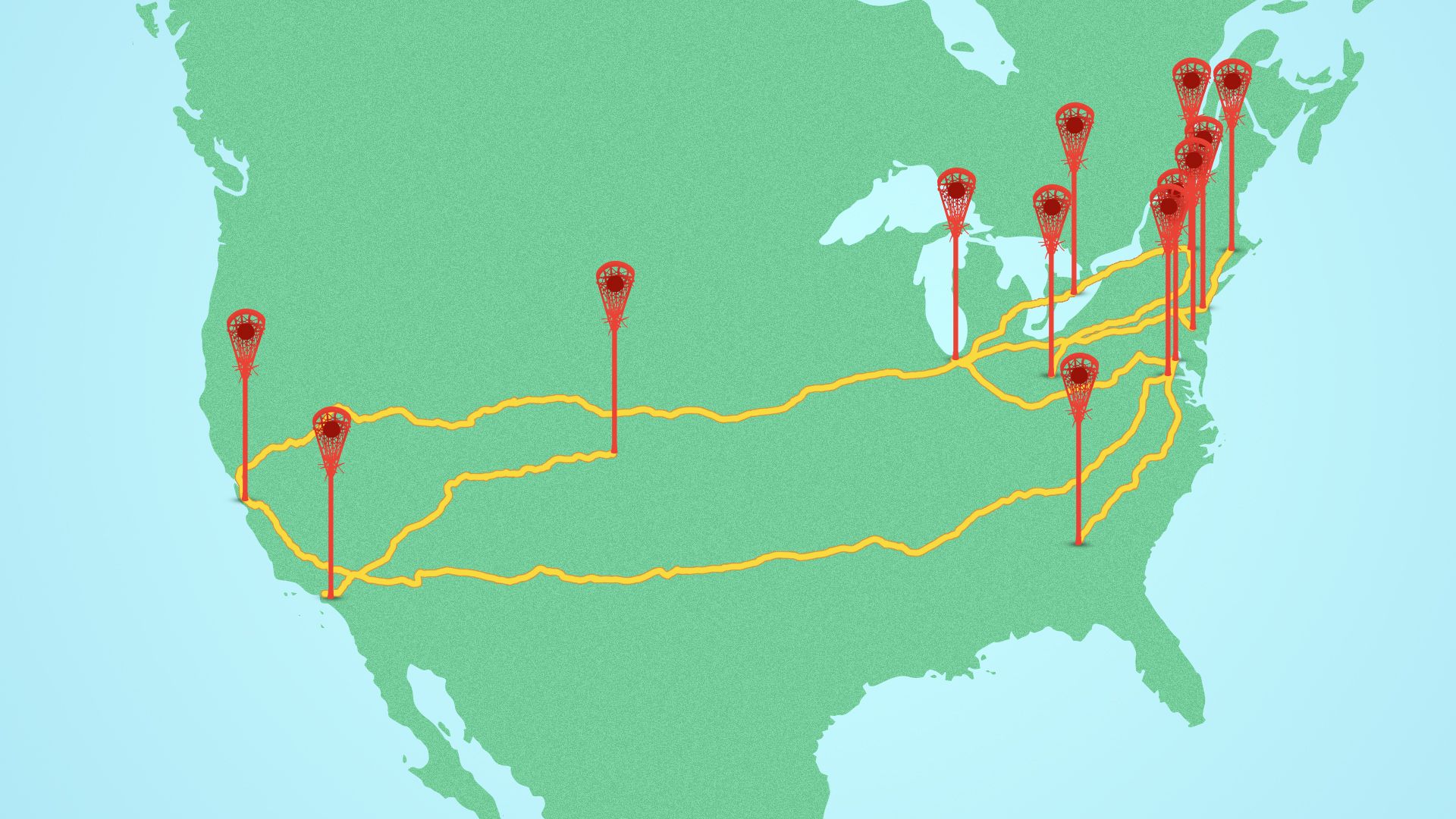 Illustration of a map of the USA and Canada, with pinpoints shaped like lacrosse sticks along the route taken by the PLL.