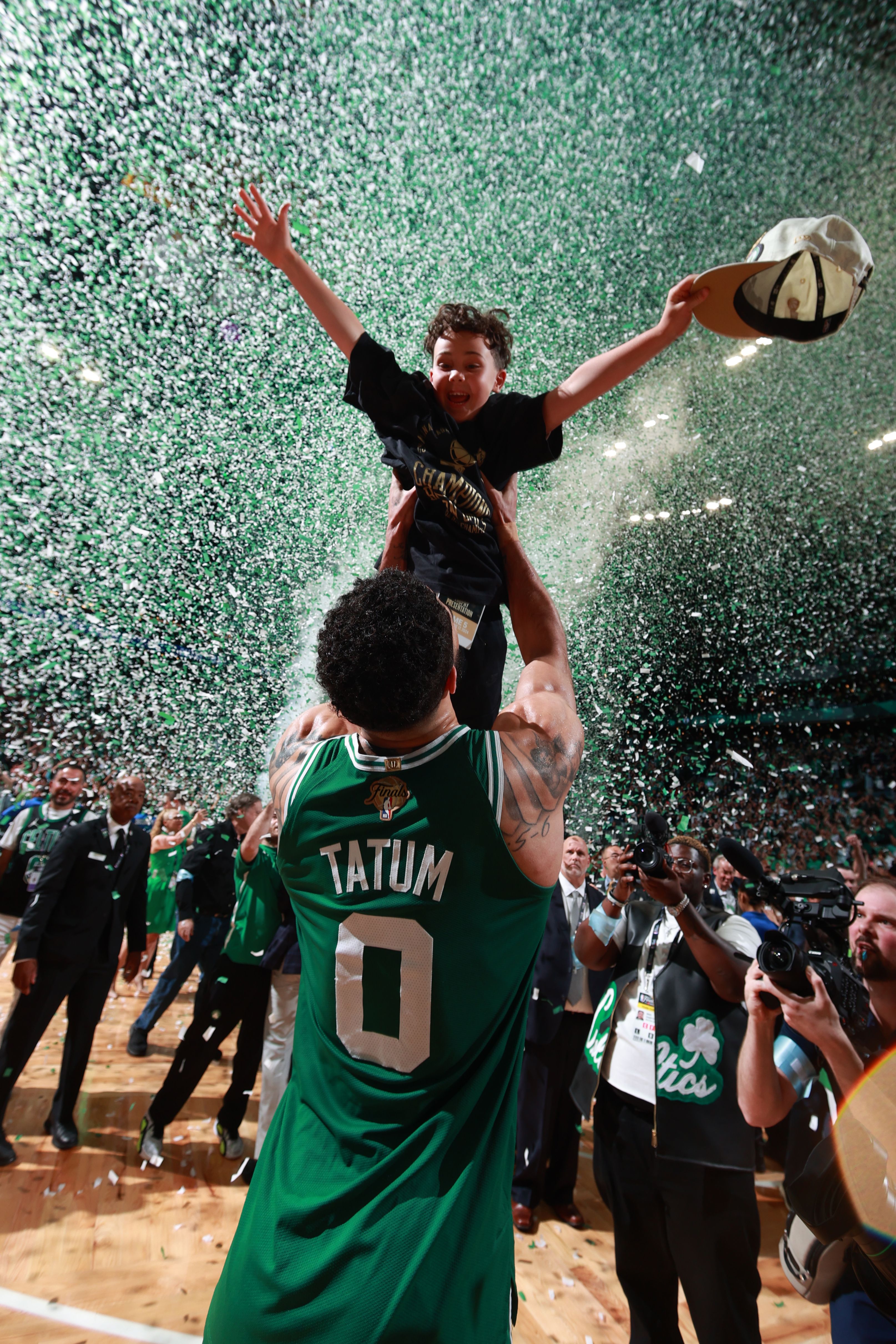 Jayson Tatum #0 of the Boston Celtics celebrates after winning the 2024 NBA Championship against the Dallas Mavericks during Game 5 of the 2024 NBA Finals on June 17, 2024 at the TD Garden in Boston, Massachusetts. NOTE TO USER: User expressly acknowledges and agrees that, by downloading and or usin