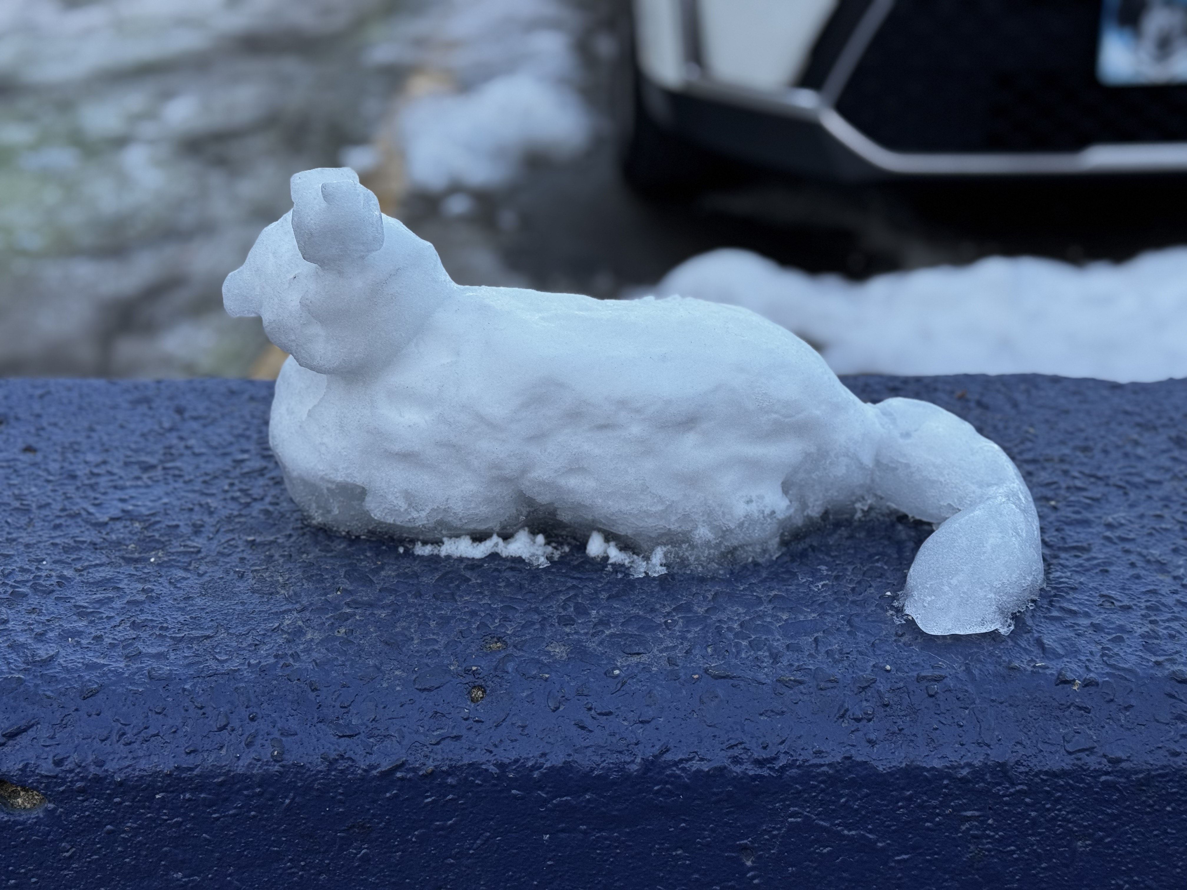 Small snow sculpture resembling a cat with a curled tail, placed on a textured blue surface with a blurred background of snow and a car.
