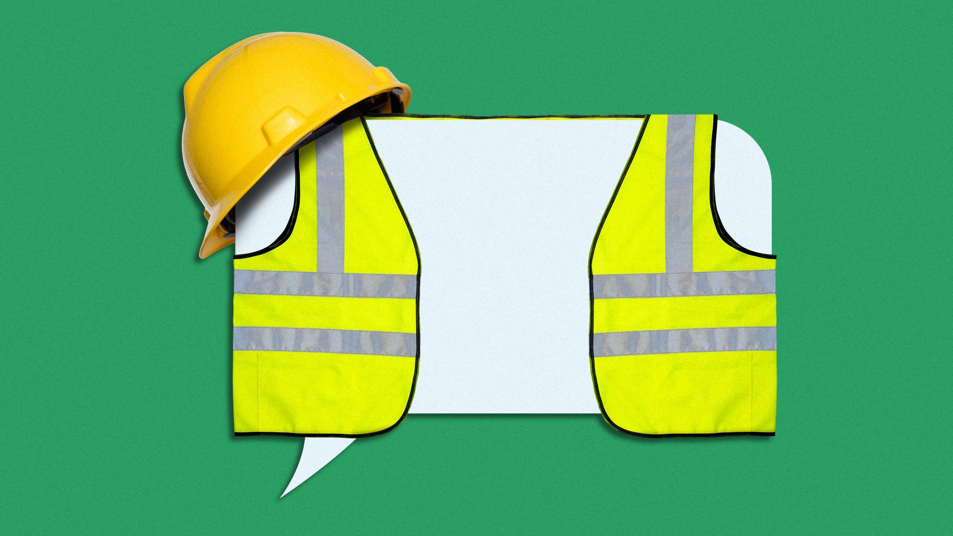 Illustration of a hardhat and safety vest on a chat bubble.